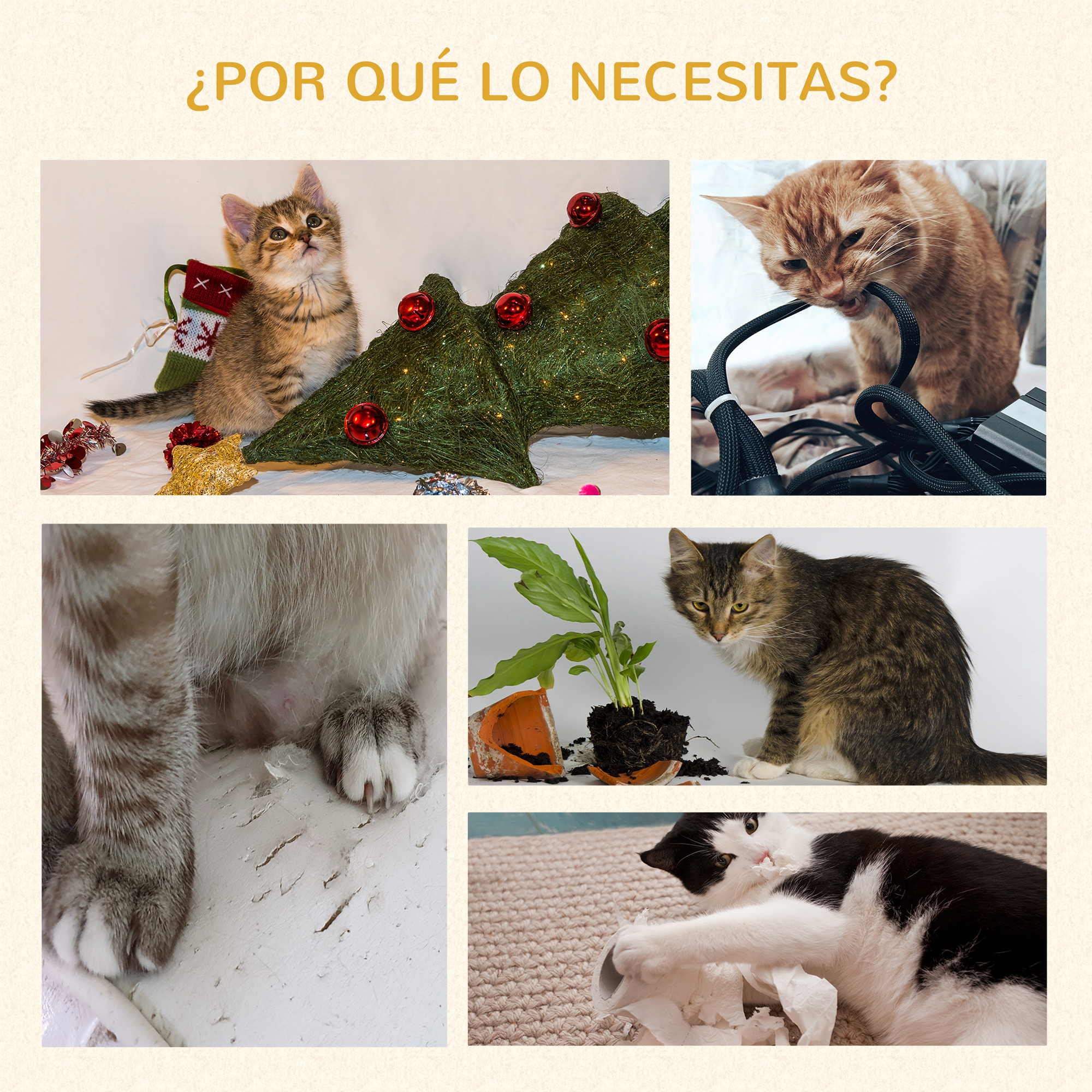Un collage de gatos con un árbol de Navidad, un gato masticando un cable y gatos junto a una maceta rota.