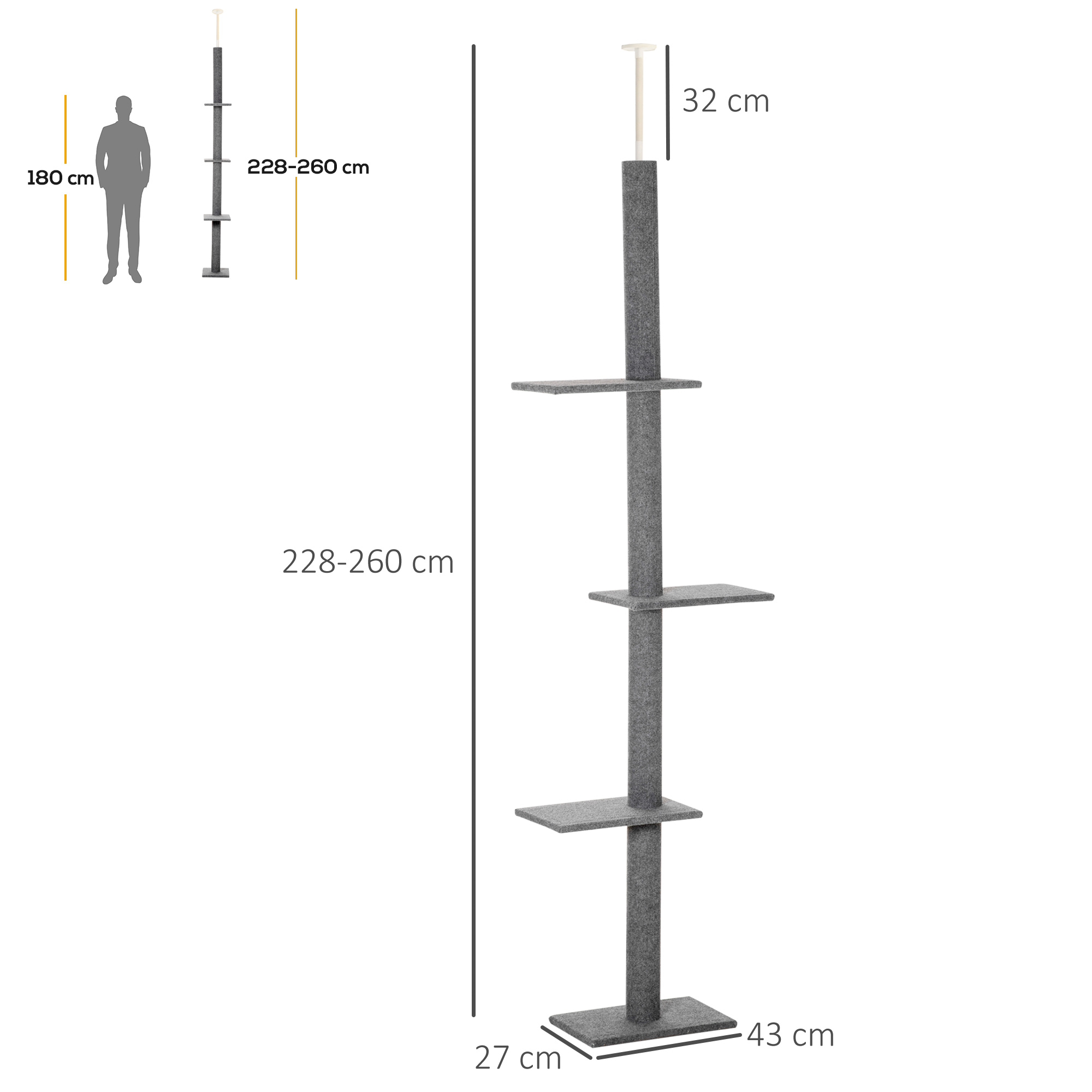 Árbol para gatos gris alto con dimensiones y un icono de persona para comparación de escala.