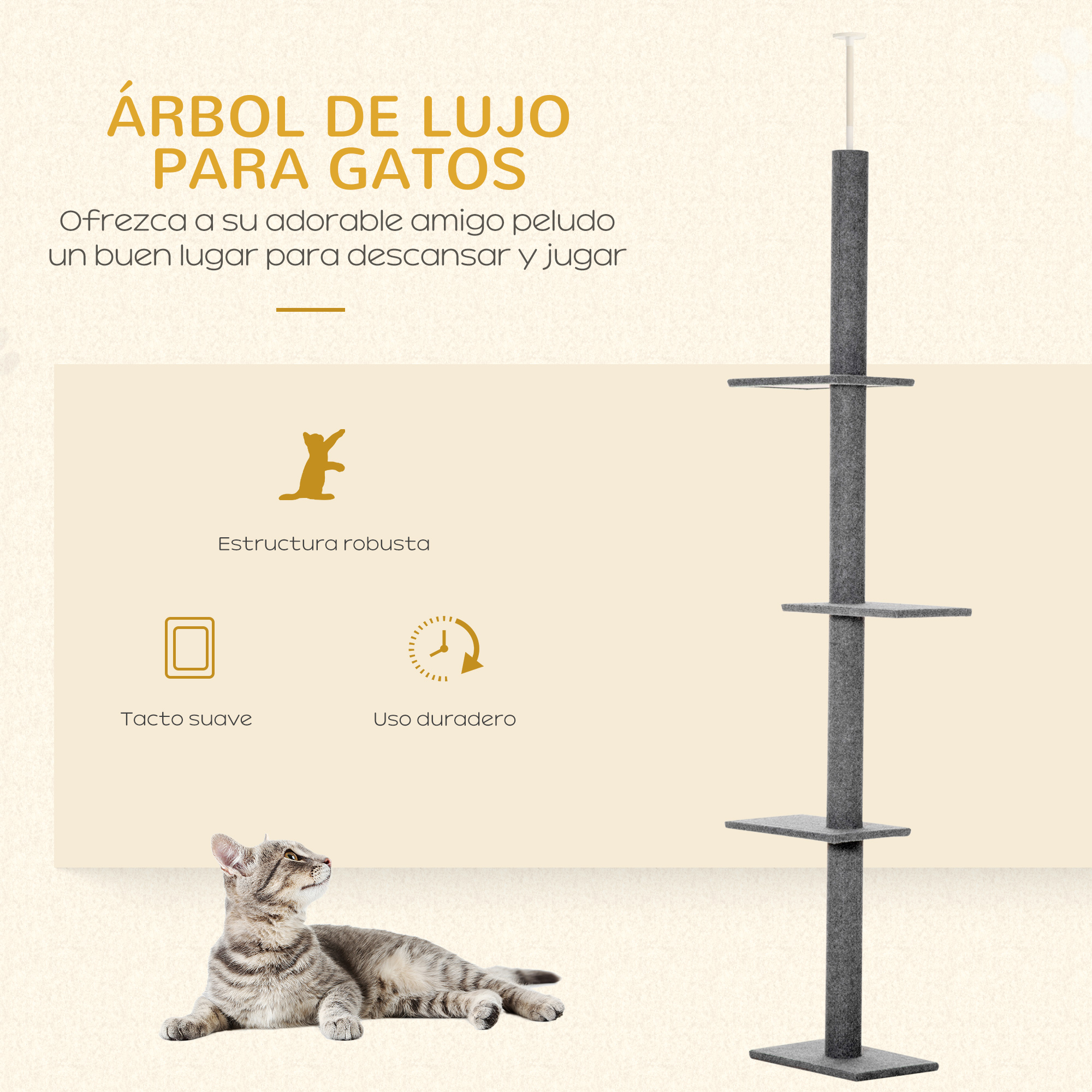 Un árbol para gatos gris con múltiples plataformas y un gato acostado en la parte inferior.
