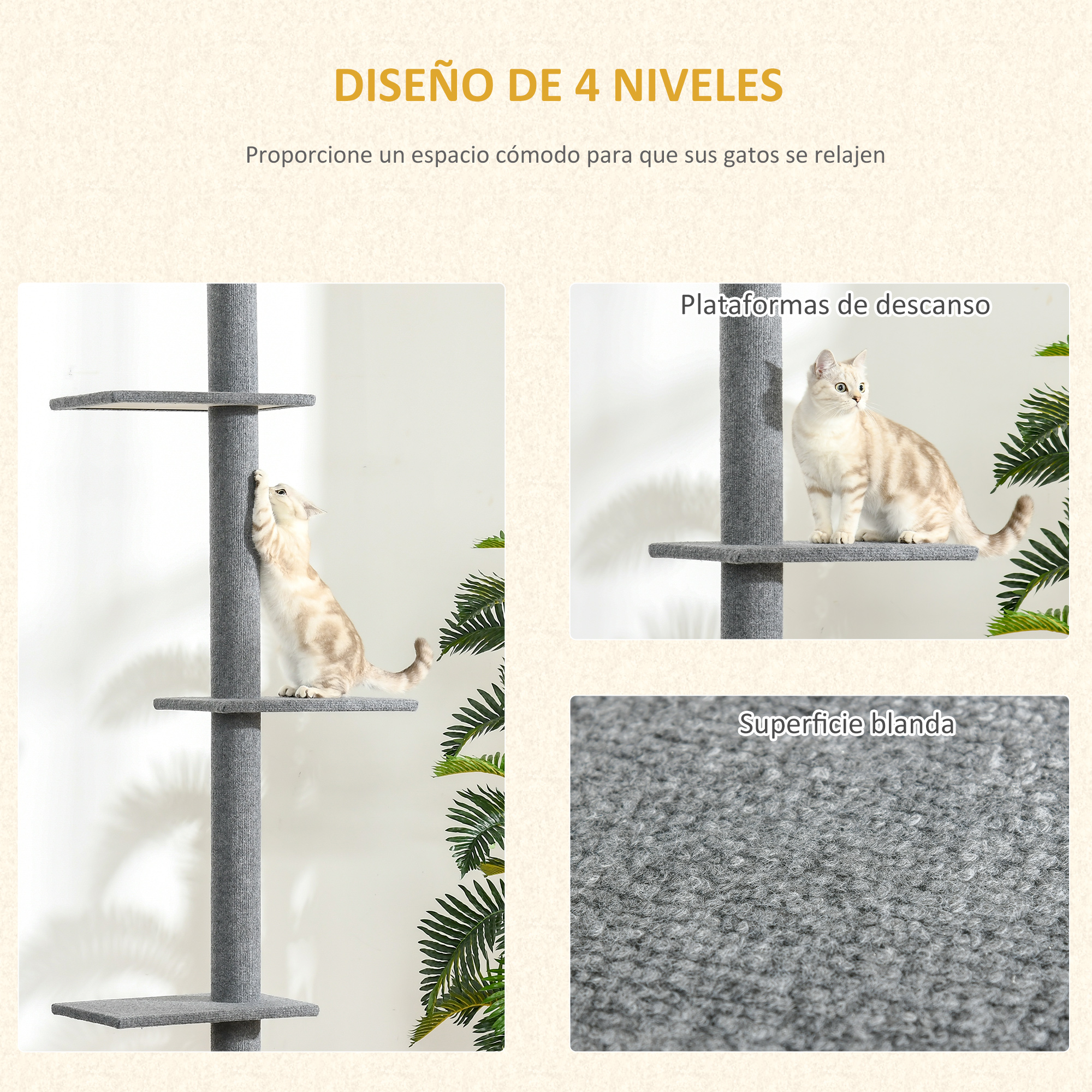Árbol para gatos con múltiples niveles. Gatos en las plataformas. Se muestra detalle de superficie suave.