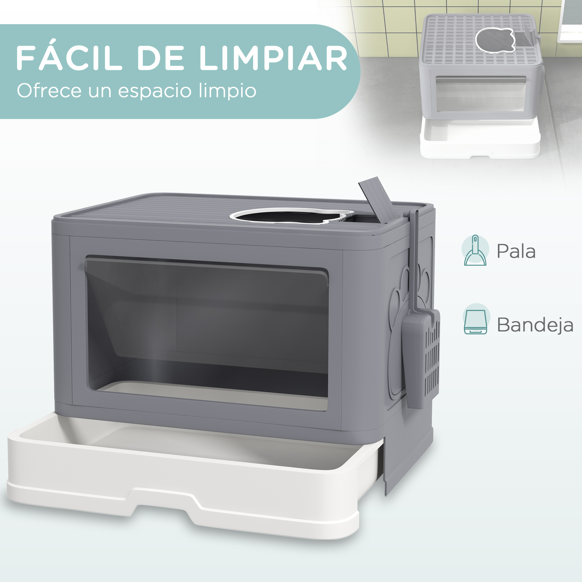 Caja de arena para gatos, gris y blanca con cajón. Incluye pala y bandeja. Texto: fácil de limpiar.