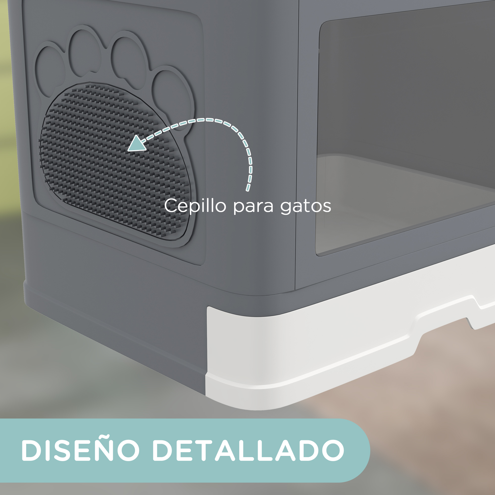 Primer plano de una caja de arena gris para gatos con base blanca. Presenta una entrada en forma de pata de gato y un cepillo.