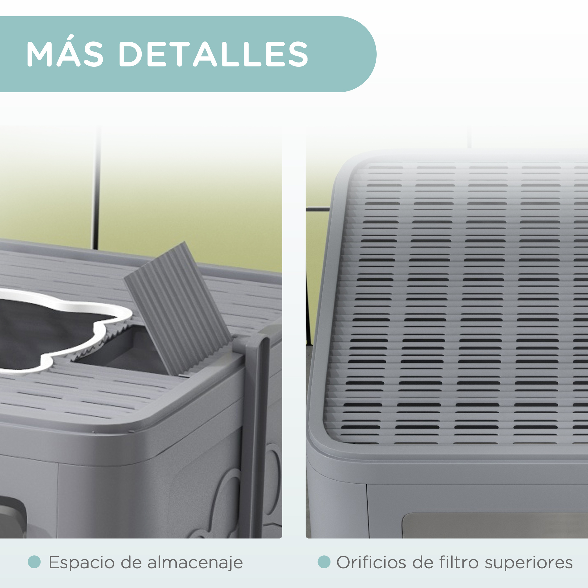Primer plano de una caja de arena con espacio de almacenamiento y orificios de ventilación.