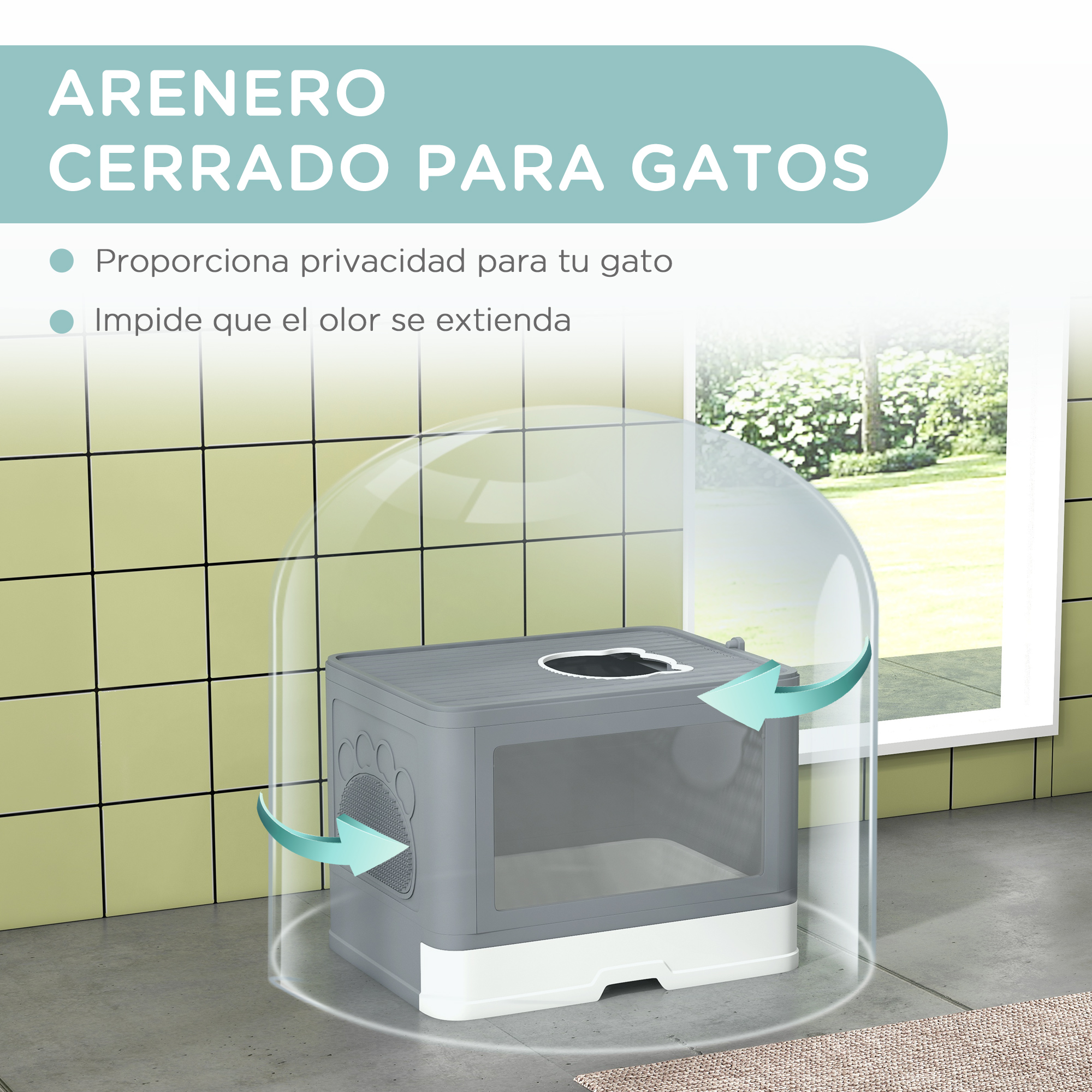 Arenero cerrado para gatos. Caja gris con cúpula transparente. Las flechas indican el flujo de aire.