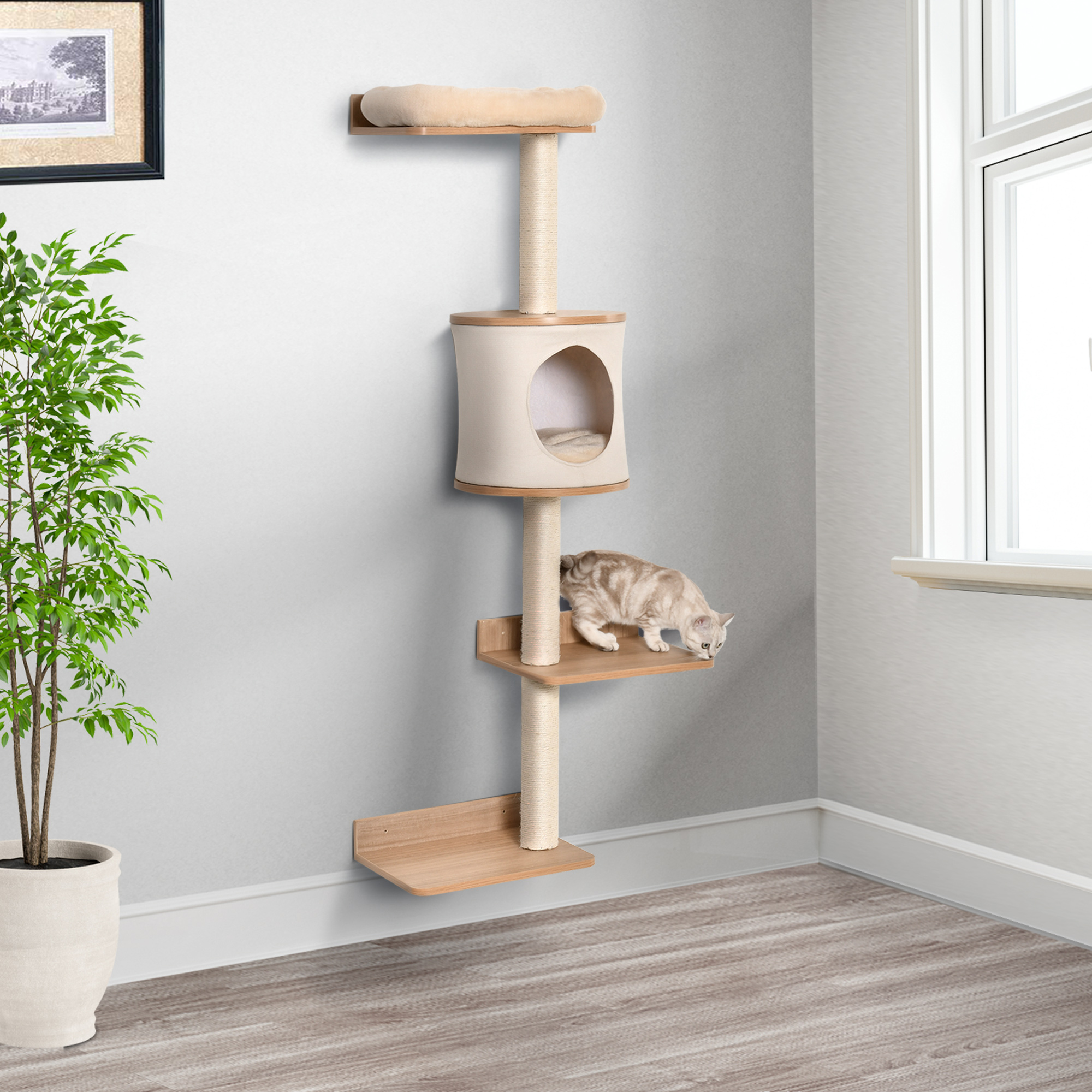 Un árbol para gatos en una pared blanca, con un gato explorándolo.