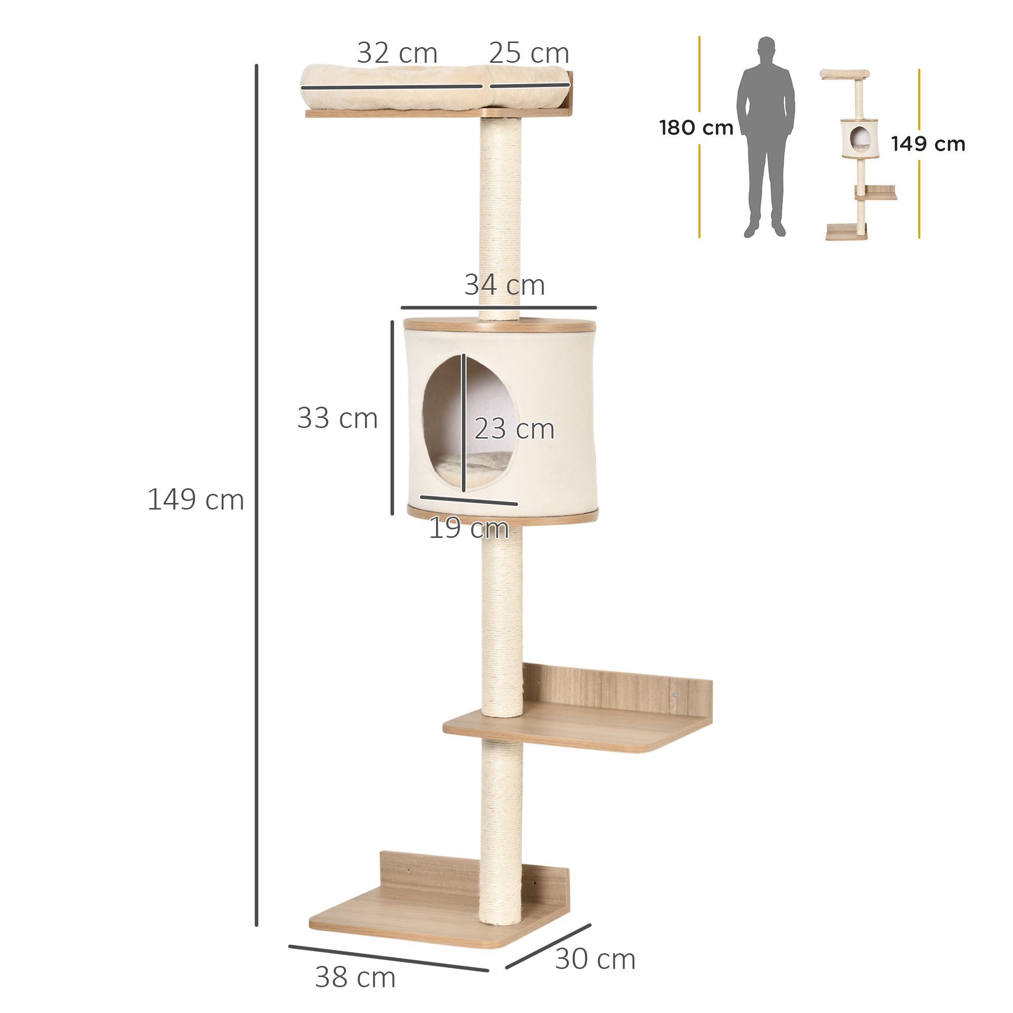 Un árbol para gatos alto con múltiples niveles y dimensiones mostradas. Construcción de tela beige y madera.