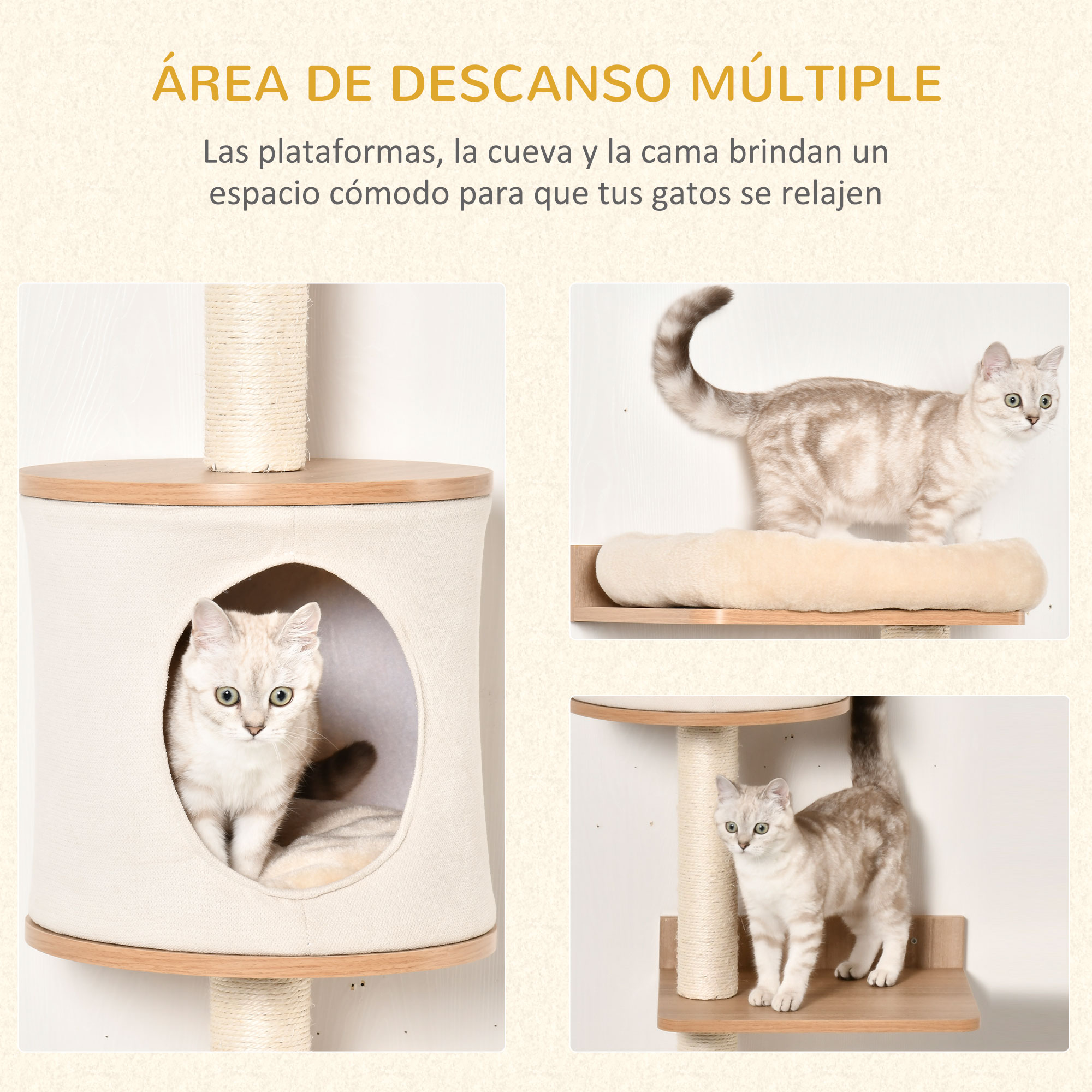 Tres imágenes de árboles para gatos. Los gatos se muestran relajándose en las plataformas, en la cueva y en una cama.