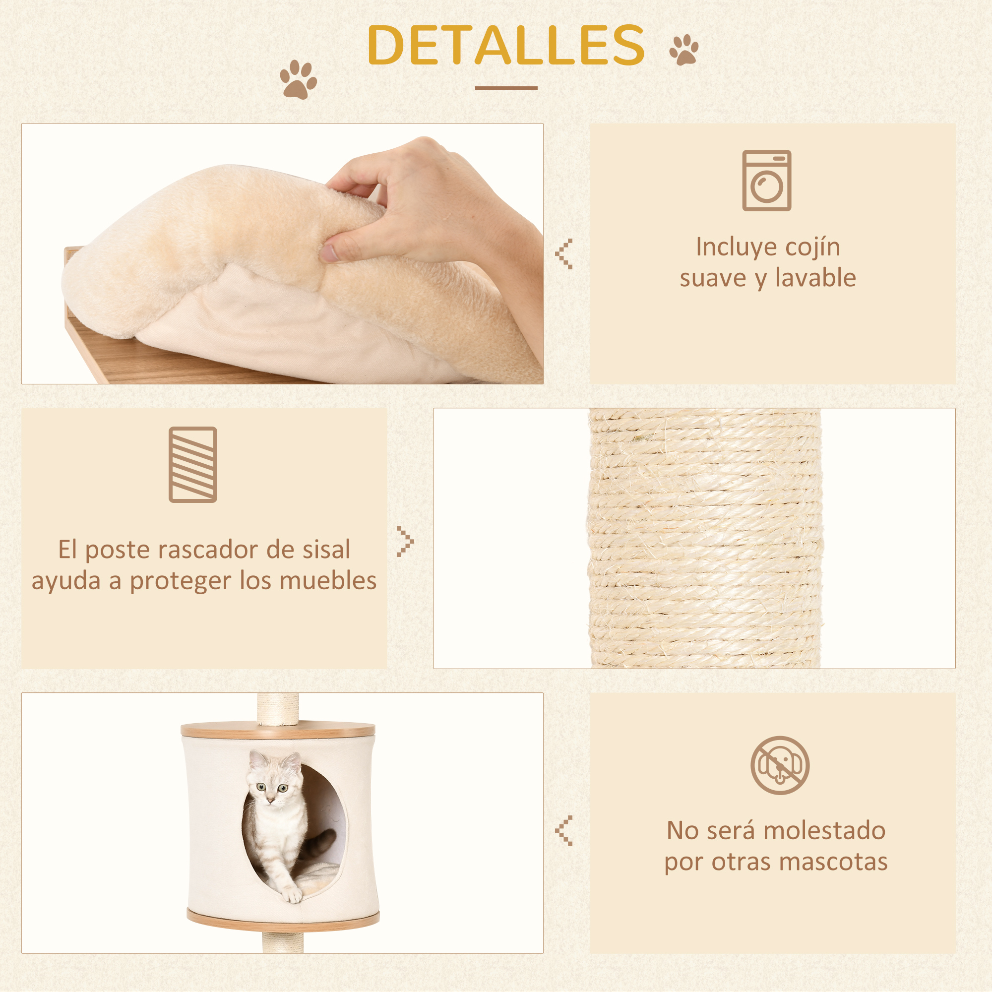 Detalles de un árbol para gatos: cojín suave, poste rascador de sisal y un gato dentro.