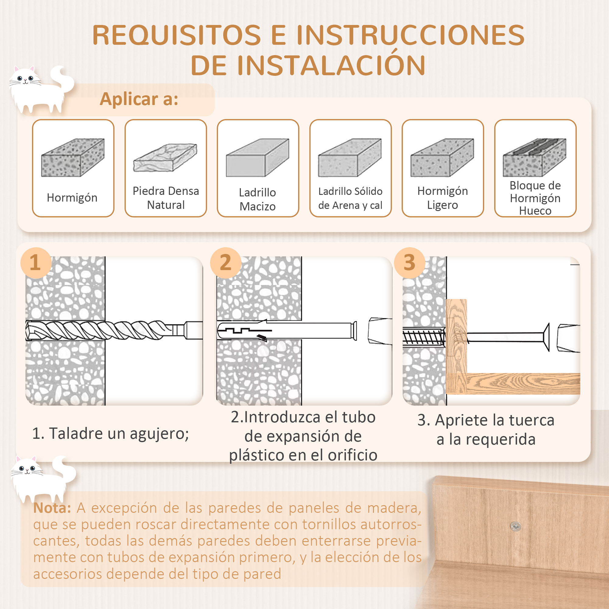 Instrucciones sobre cómo instalar un producto. Muestra taladrar un agujero, insertar un tubo de expansión y apretar.