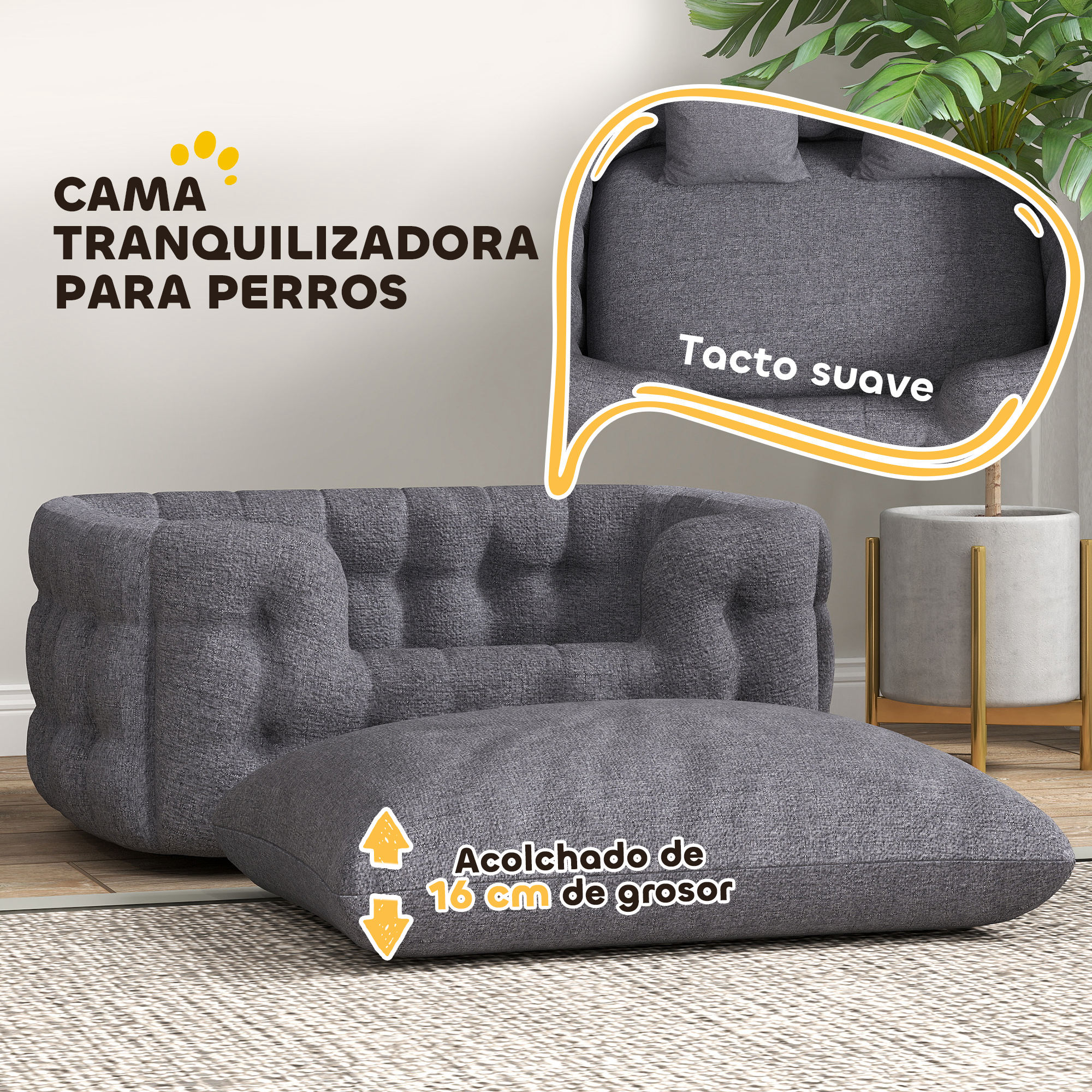 Juego de cama para perros gris con sofá y almohada, sobre una alfombra. Texto indica cama calmante para perros.