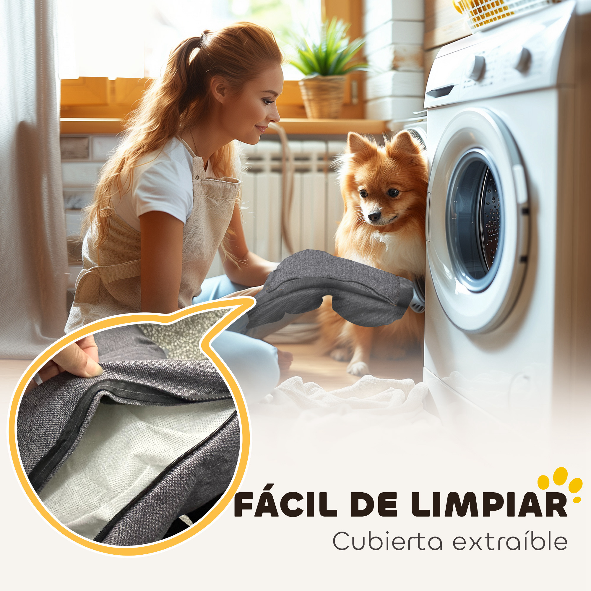 Mujer y perro con lavadora y funda extraíble. Primer plano del interior de la funda.