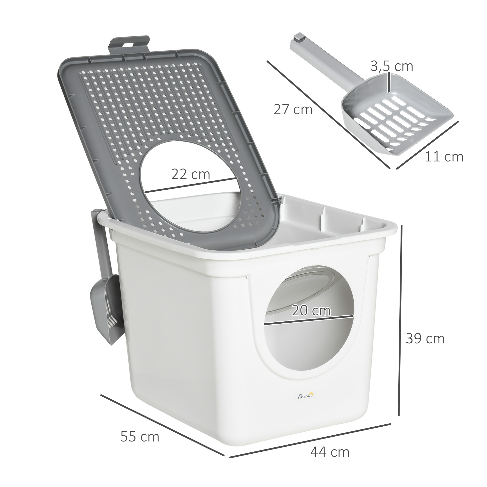 Arenero para gatos blanco y gris con dimensiones y una pala.