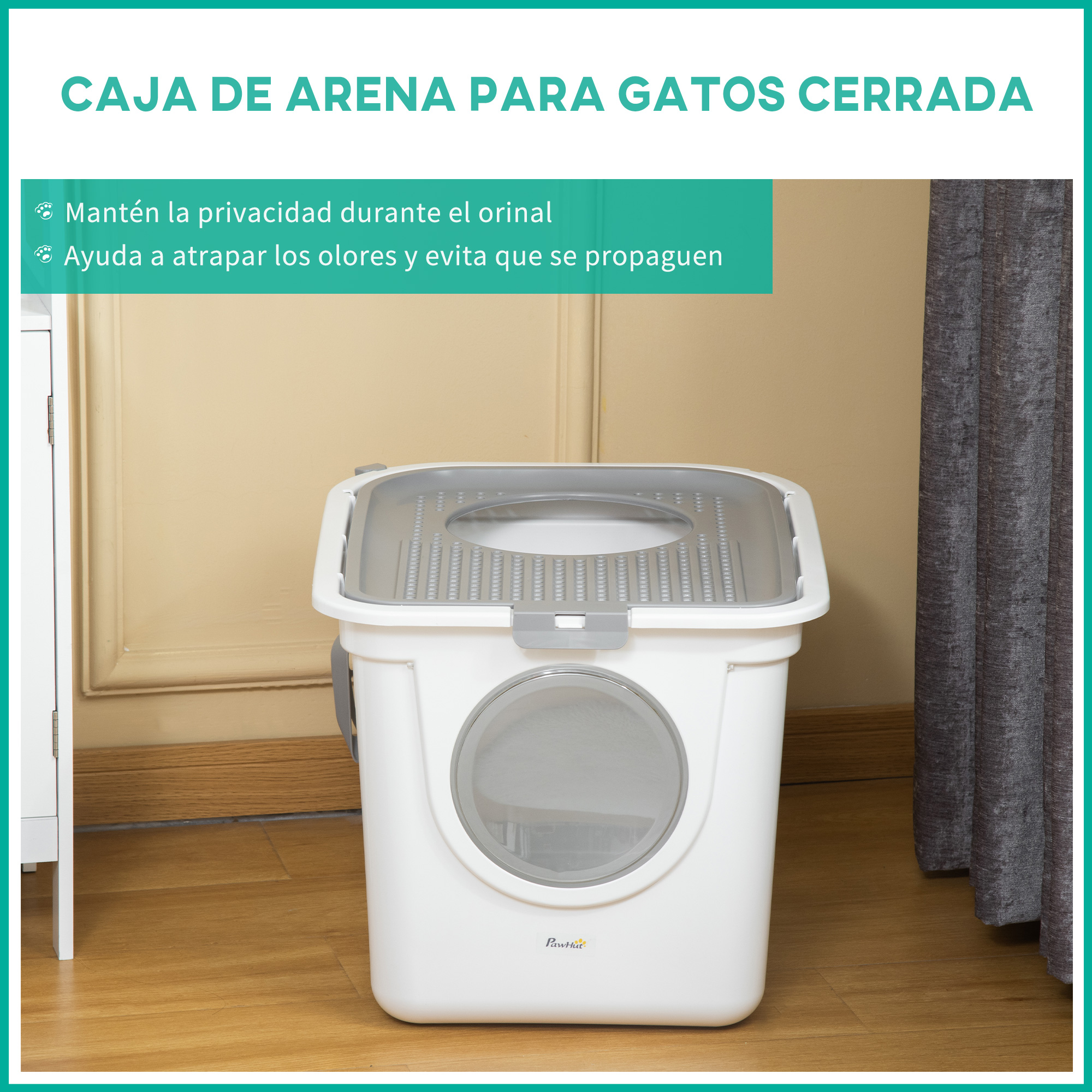 Arenero blanco con tapa gris. Texto en español. La caja tiene una abertura redonda.
