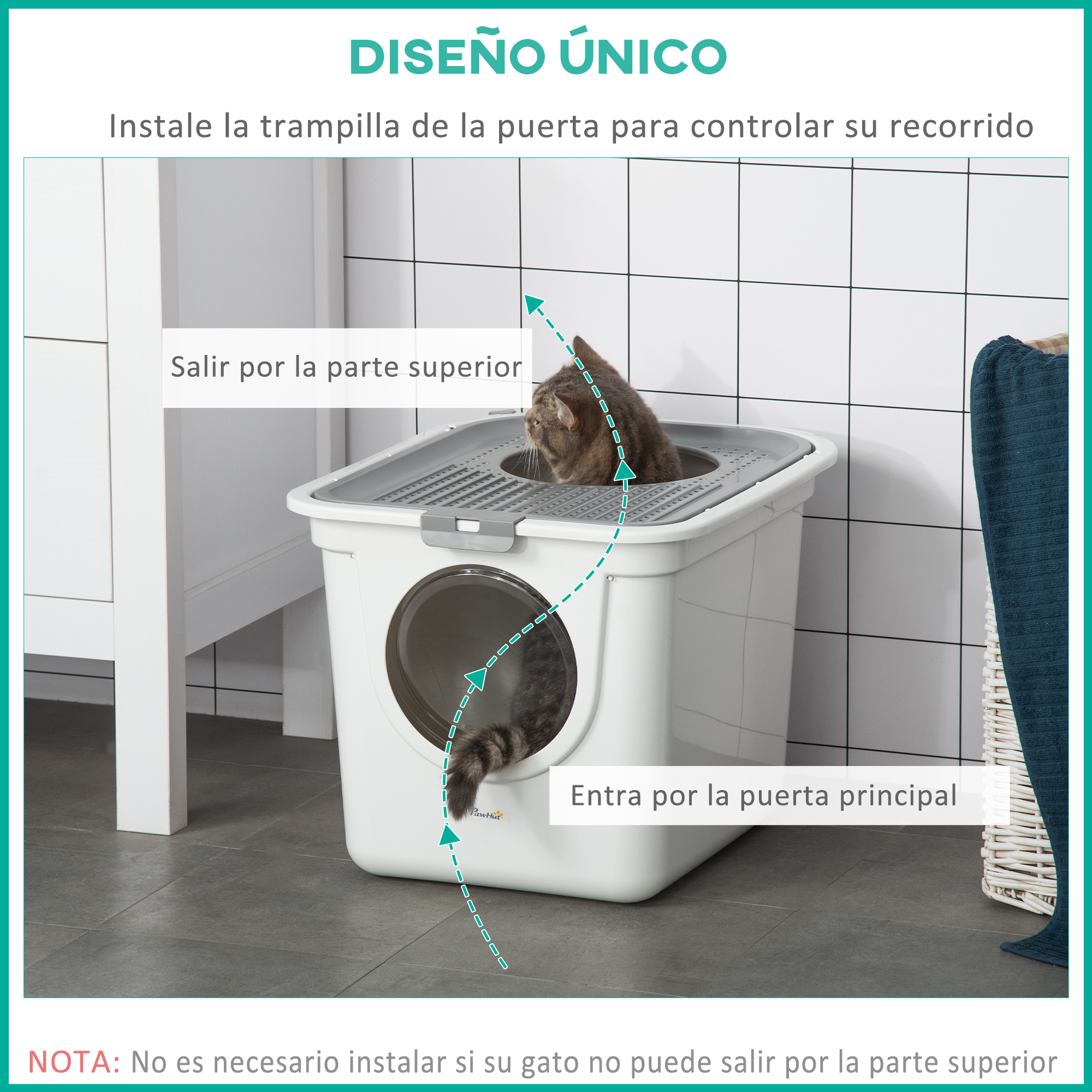 Un gato entrando a una caja de arena blanca por una puerta lateral, con instrucciones en español.