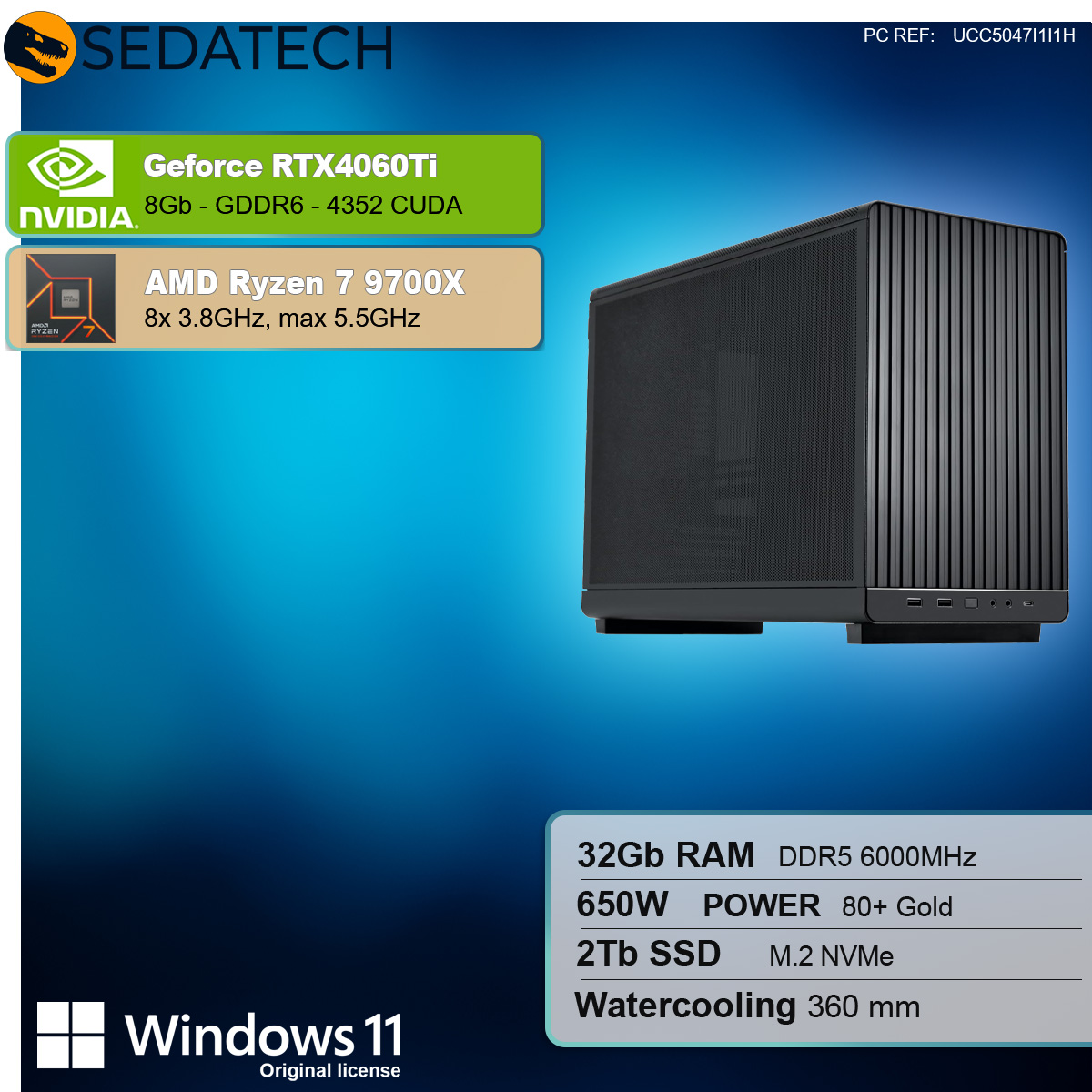 Un case per computer nero con dettagli dei componenti: NVIDIA GeForce RTX 4060 Ti e AMD Ryzen 7 9700X.