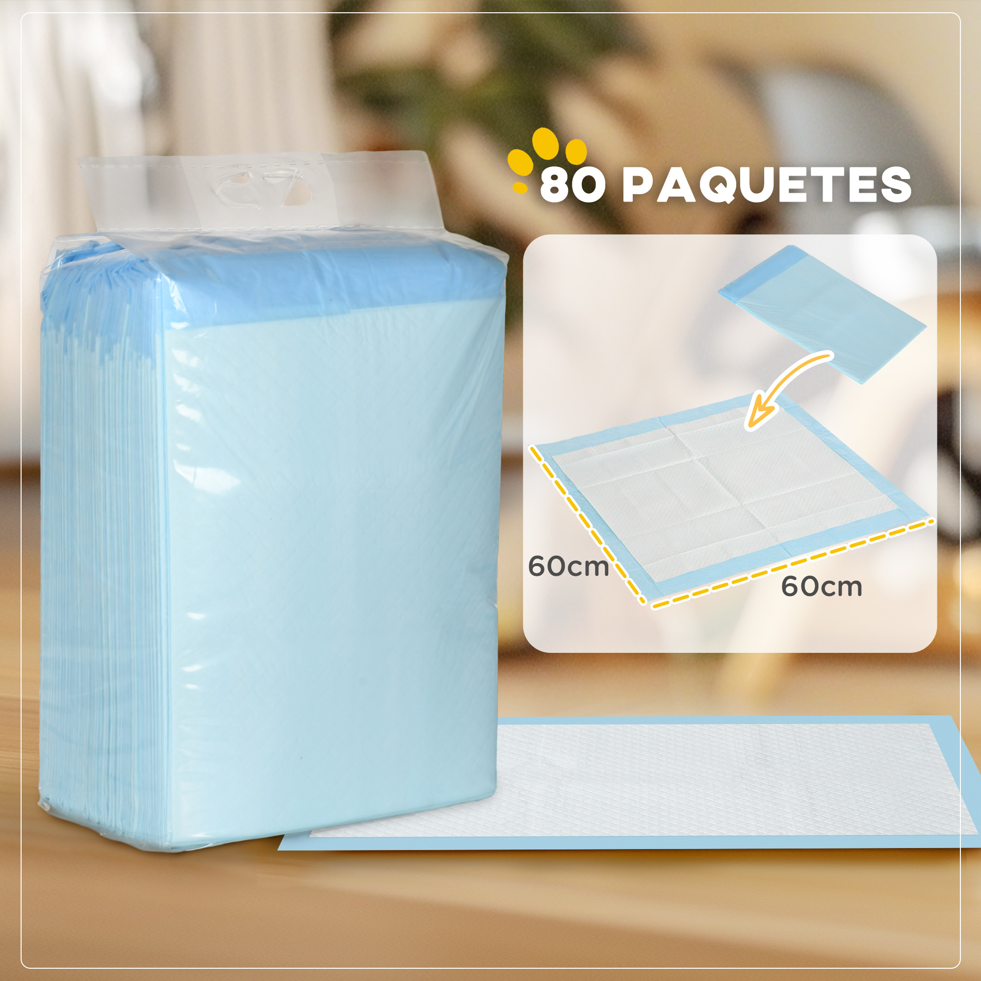 Una bolsa grande de almohadillas absorbentes azules con dimensiones y etiquetas de texto en madera.