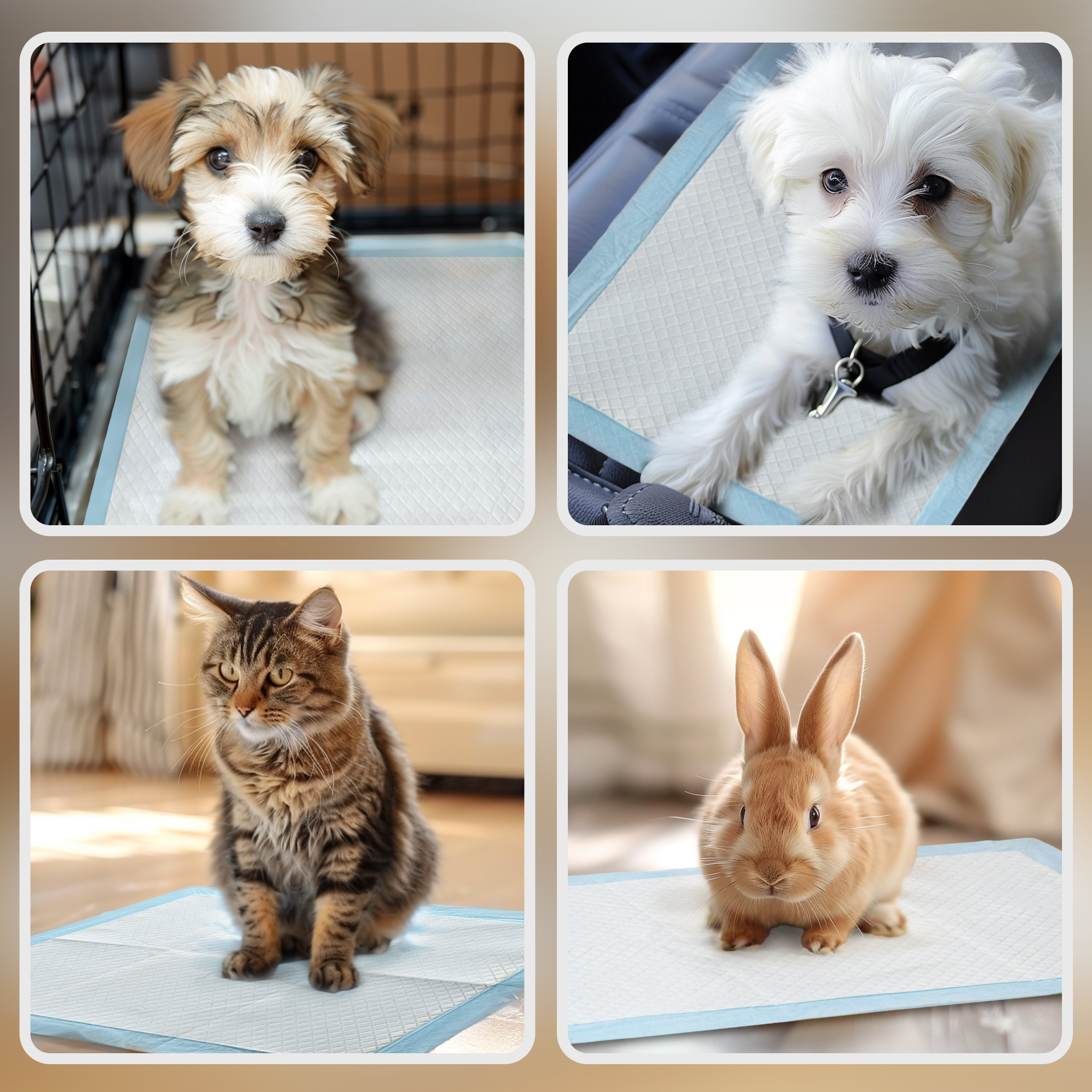 Cuatro fotos de mascotas sobre almohadillas absorbentes. Perro, gato y conejo. Borde azul y fondo blanco.