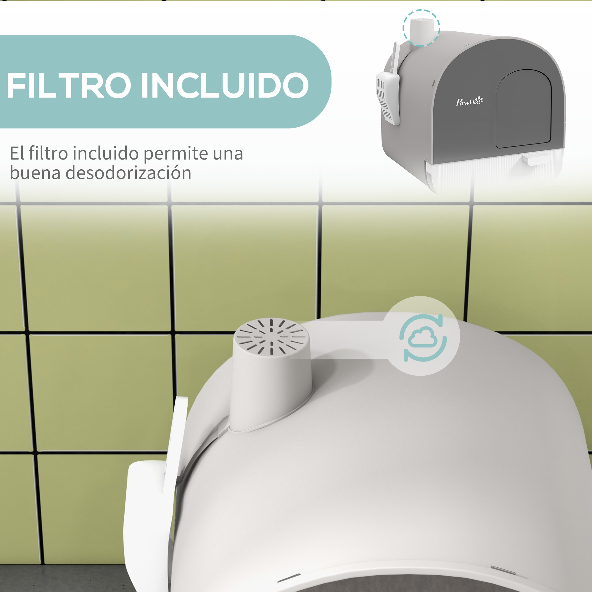 Primer plano de una caja de arena para gatos con filtro. El filtro está diseñado para desodorizar la caja de arena.