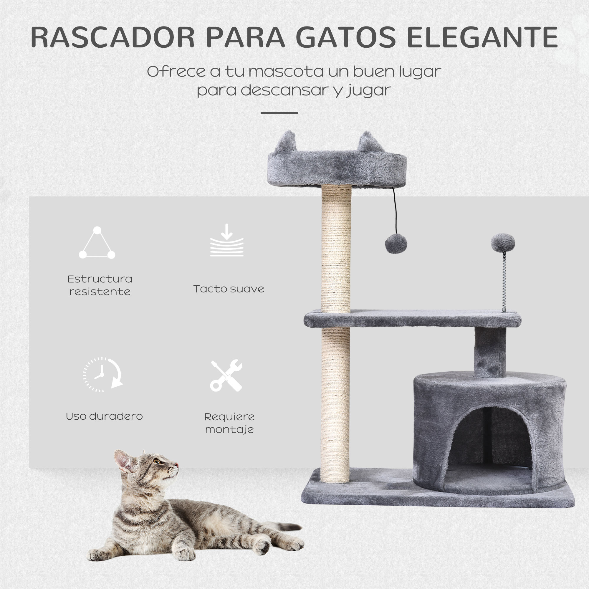 Un rascador para gatos gris con un gato acostado cerca.
