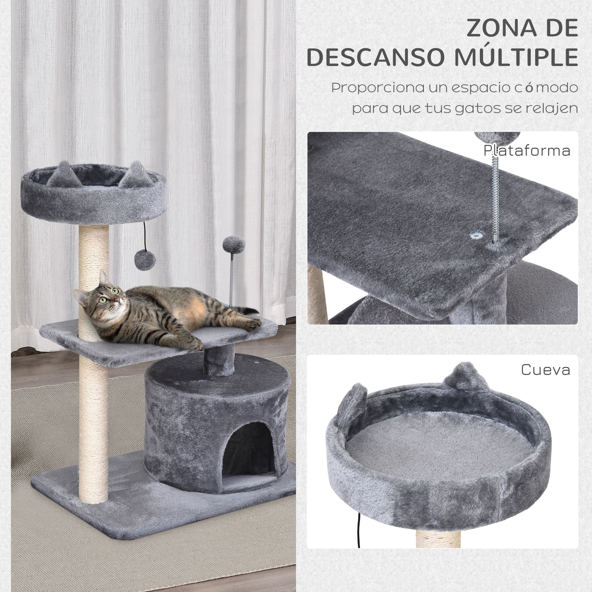 Un gato acostado en un árbol para gatos gris con múltiples niveles. Tiene una cueva y una plataforma.