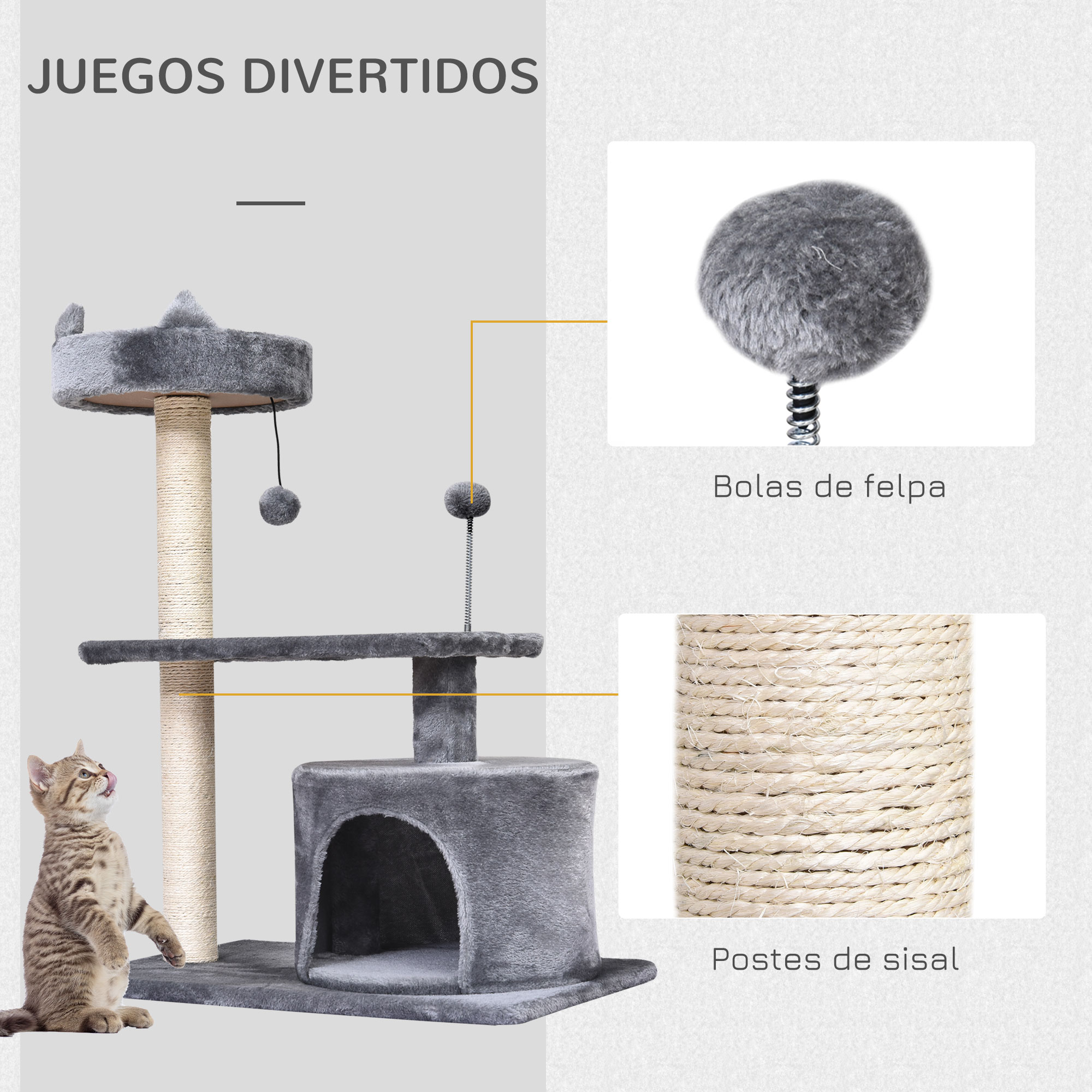 Un árbol para gatos con un gato y detalles de juguetes. Árbol de color gris con postes de sisal y bolas esponjosas.