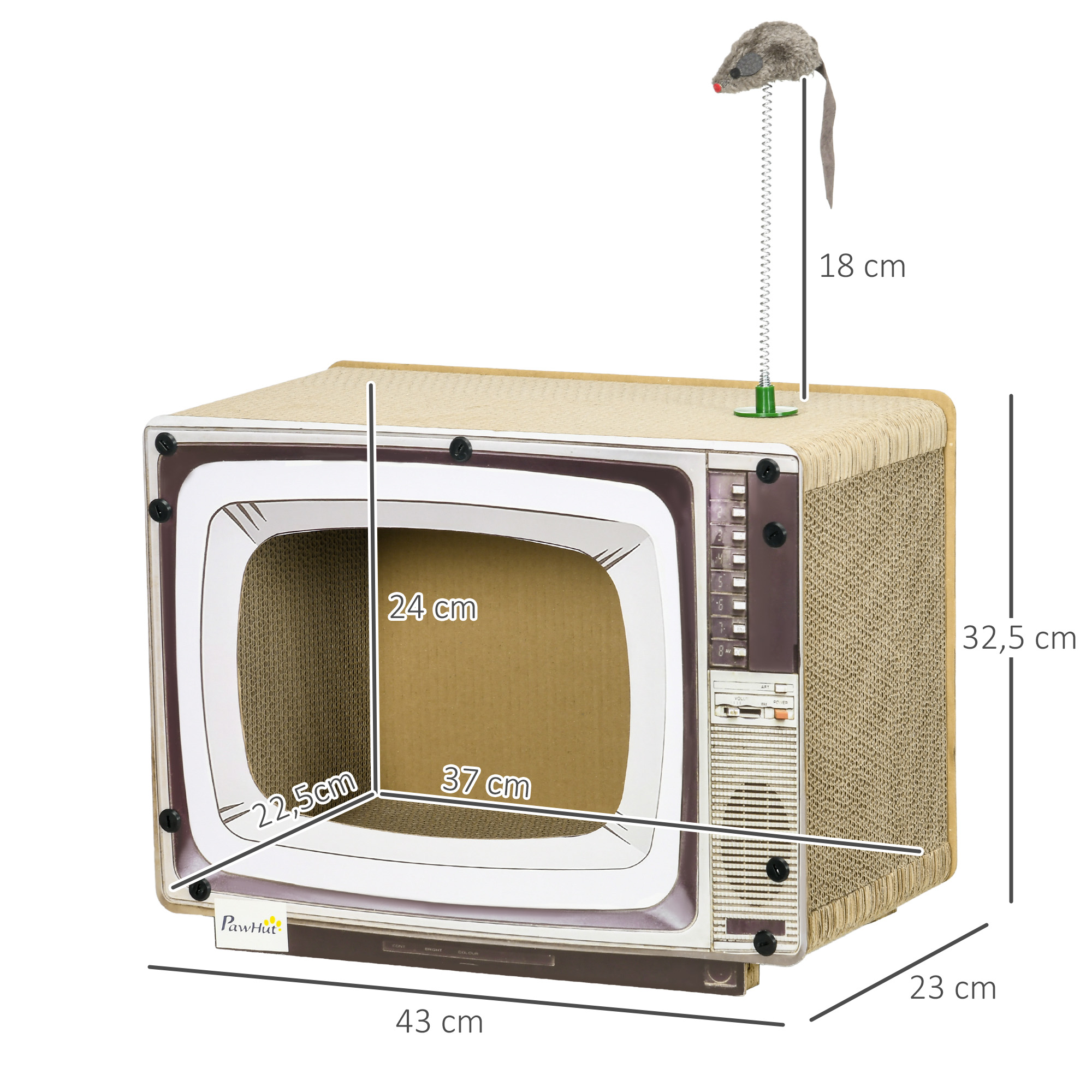 Una casa para gatos con forma de televisor retro con dimensiones. Tiene un juguete de ratón adjunto en la parte superior.