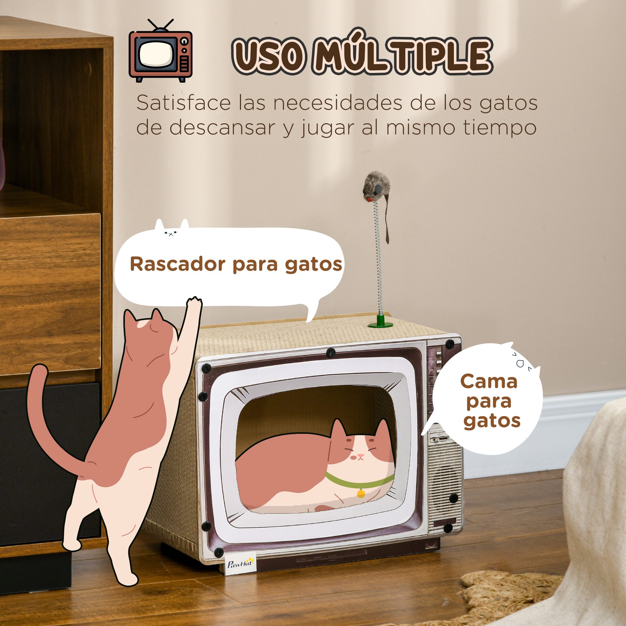 Árbol para gatos gris con rascador, cama y juguetes.