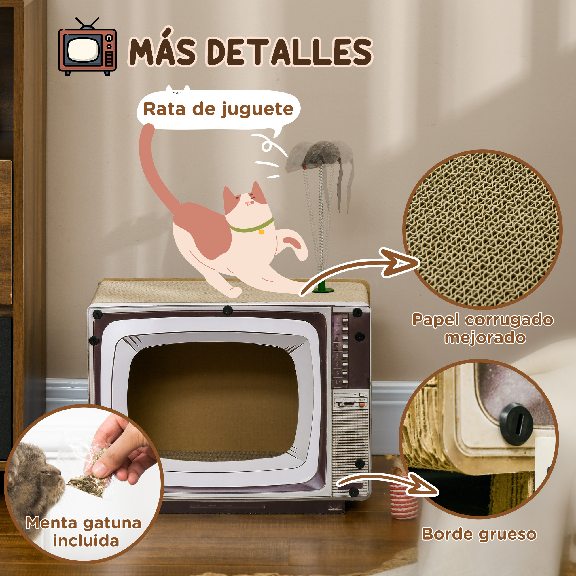 Imagen mostrando detalles de juguetes para gatos: gato en acción, hierba gatera y rascador.