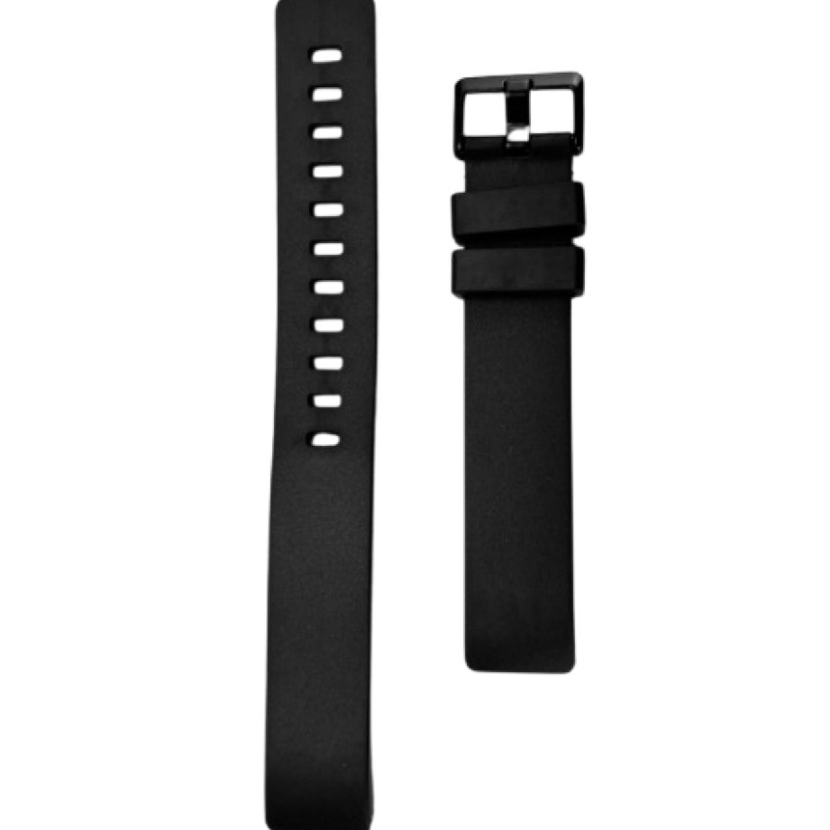 Schwarzes Uhrenarmband mit mehreren Löchern auf der einen Seite und einer Schnalle auf der anderen.