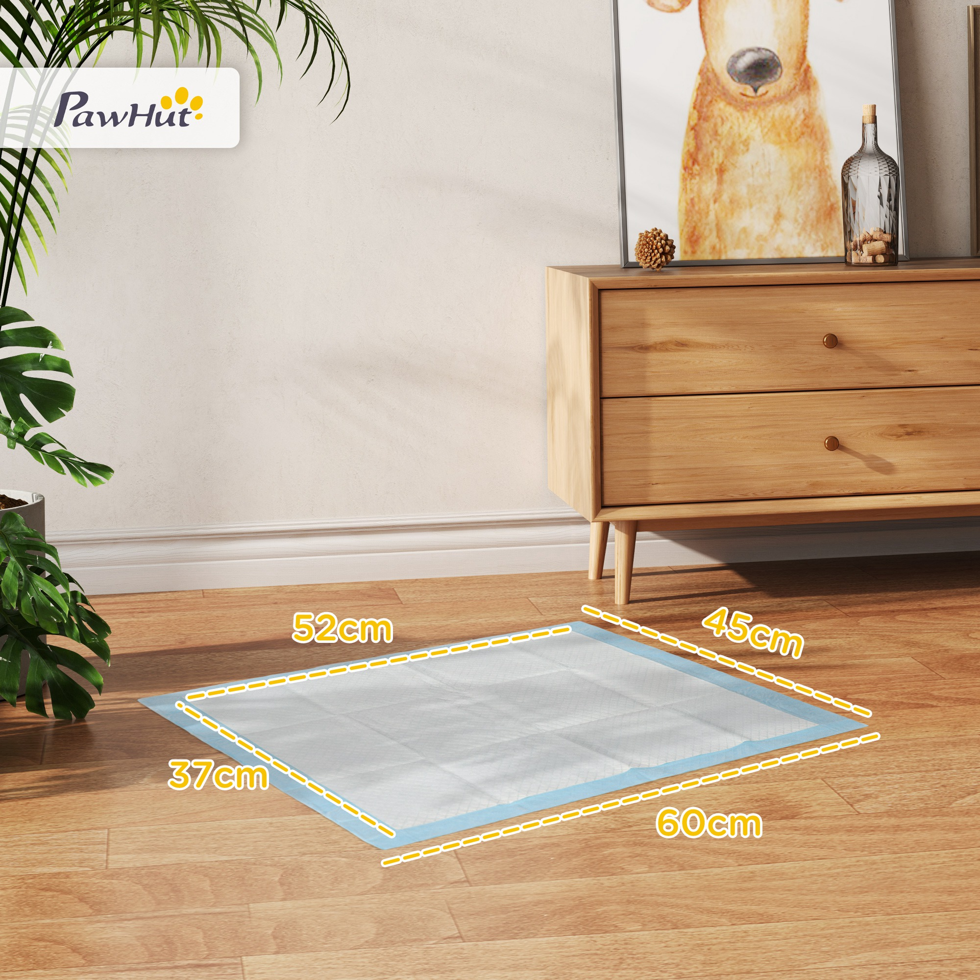 Almohadilla de entrenamiento para perros en piso de madera con dimensiones, logo PawHut y muebles.