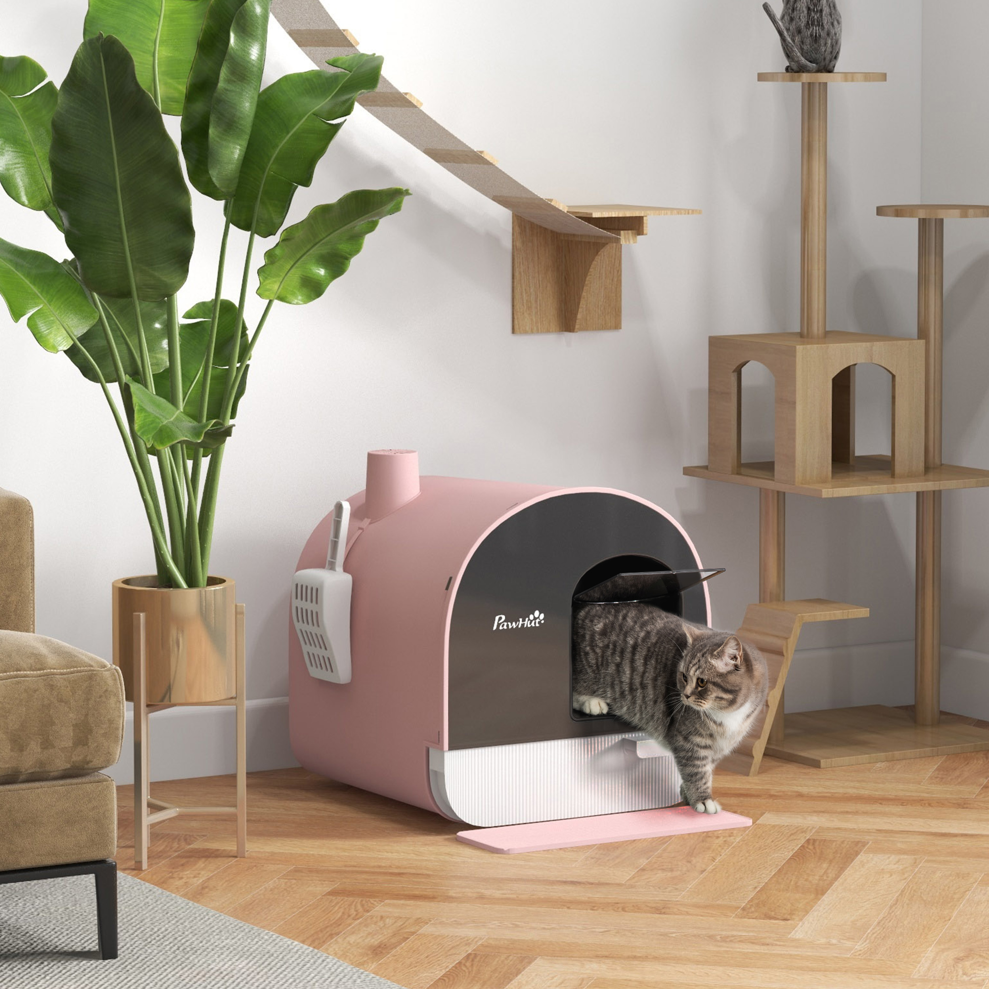 Arenero rosa con un gato dentro, junto a un árbol para gatos y escalones montados en la pared.