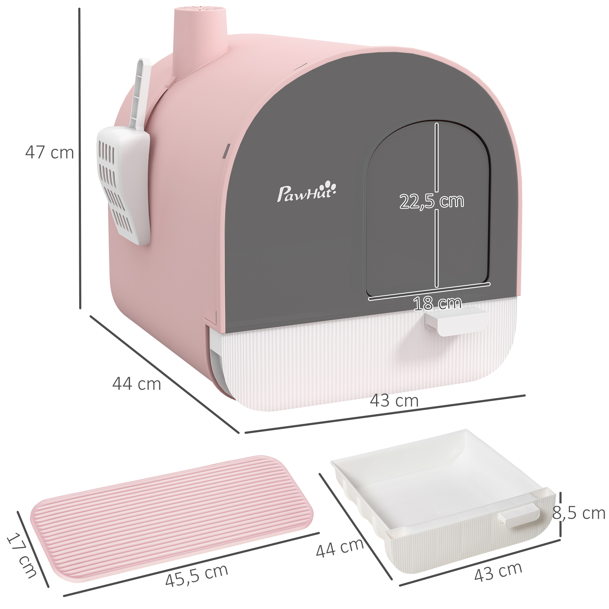 Una caja de arena para gatos rosa y gris con dimensiones. Incluye una pala y una alfombra.