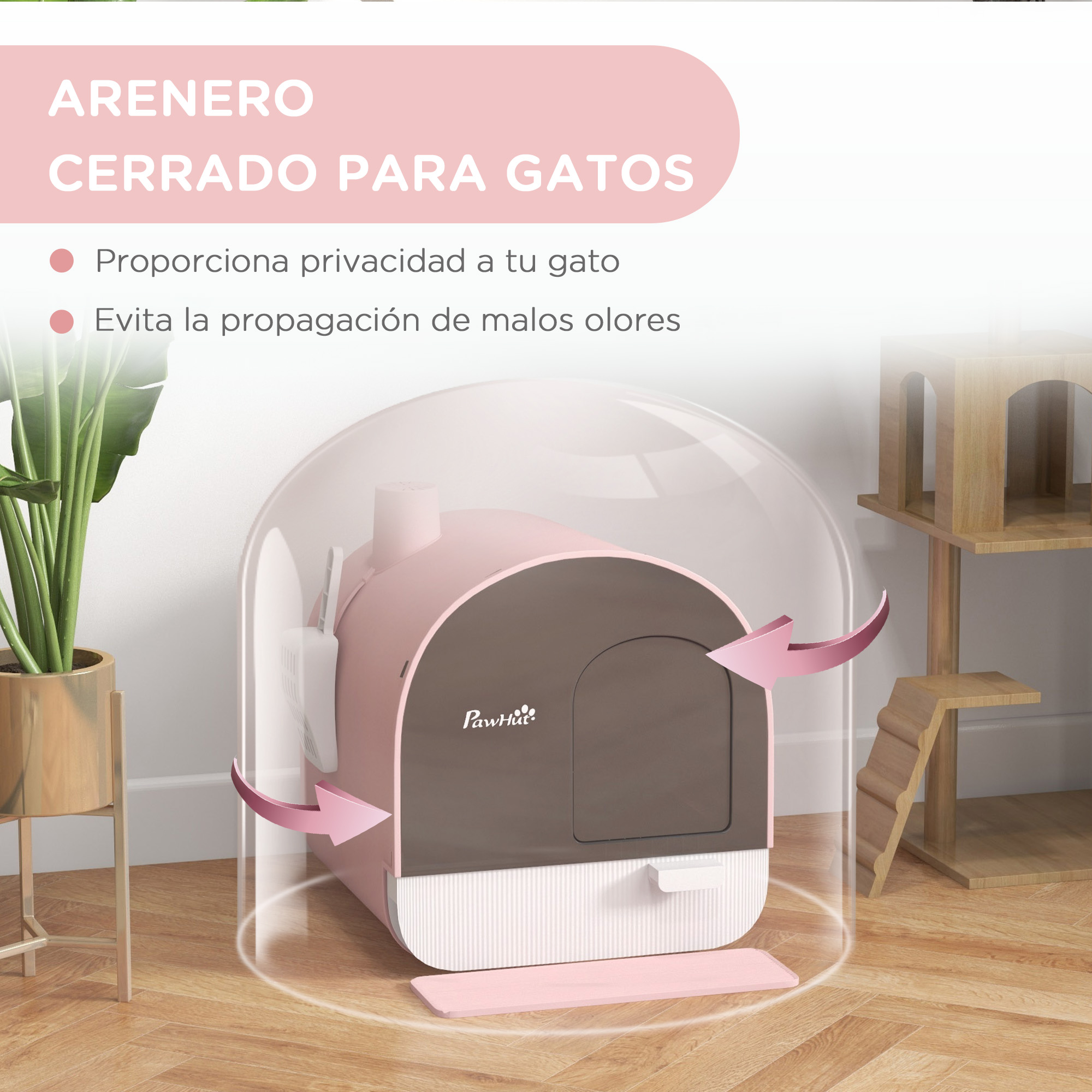 Arenero rosa para gatos con tapa transparente. Una planta y un árbol para gatos en el fondo.