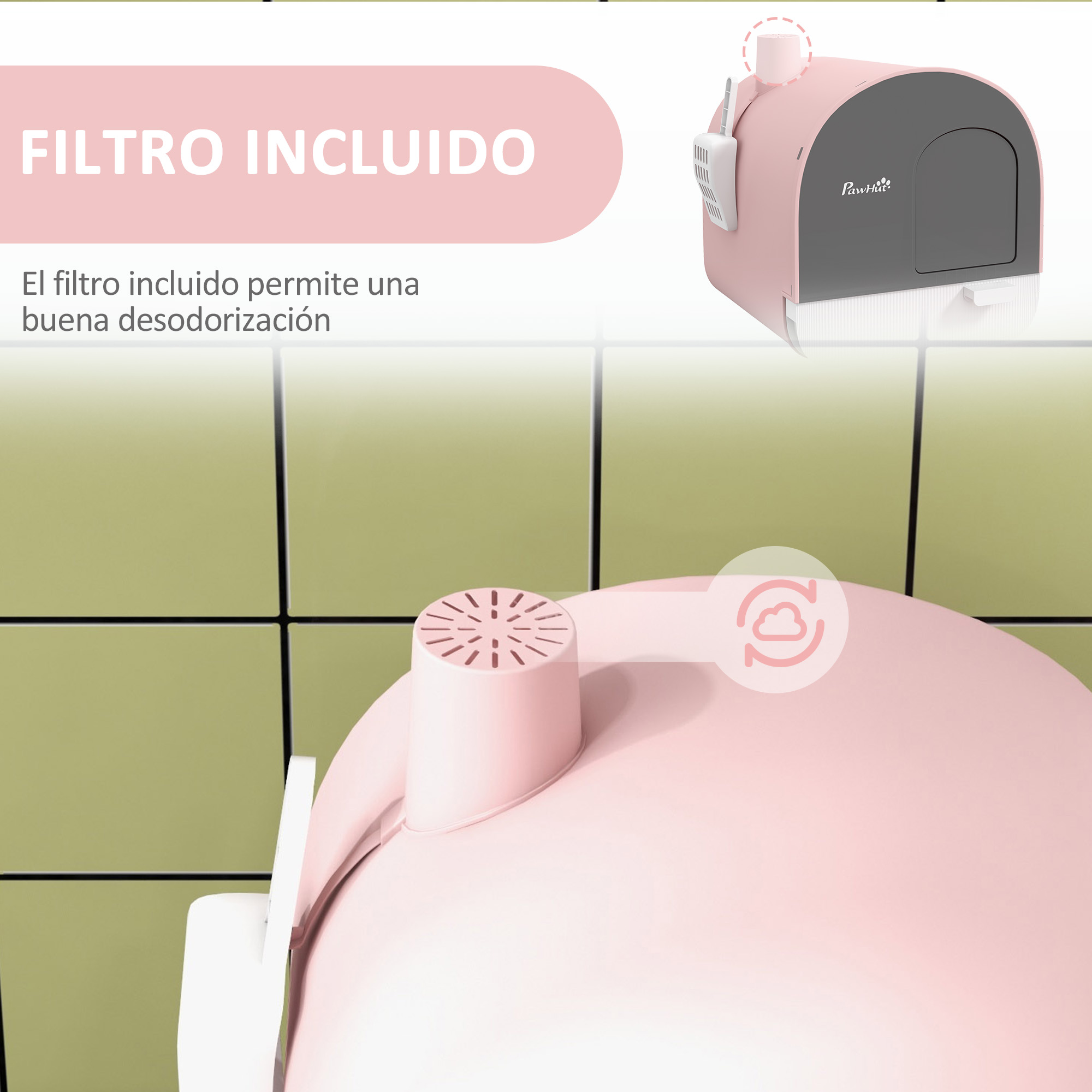 Arenero rosa para gatos con filtro, primer plano de la parte superior.
