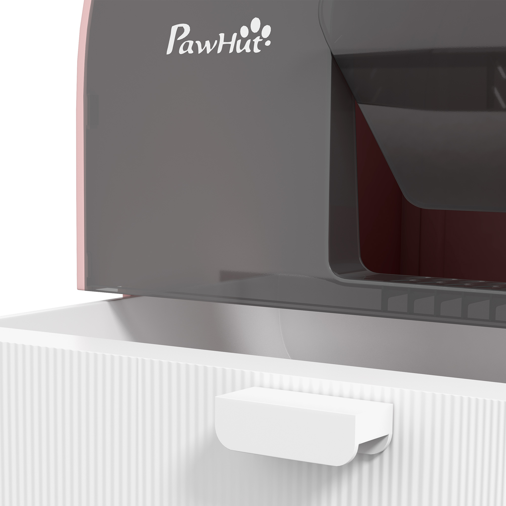 Primer plano de un dispensador de comida para mascotas con base blanca y tapa gris con el logo "PawHut".