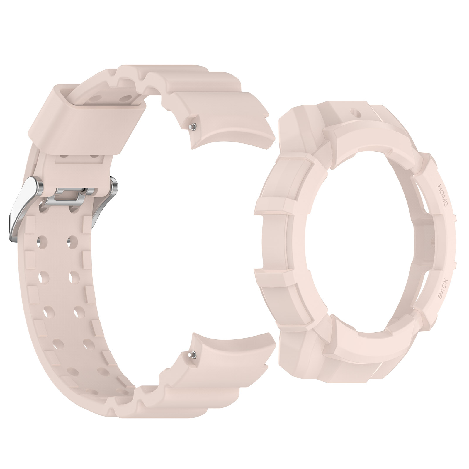 Due cinturini, uno con fibbia, e una protezione circolare, tutto in beige.