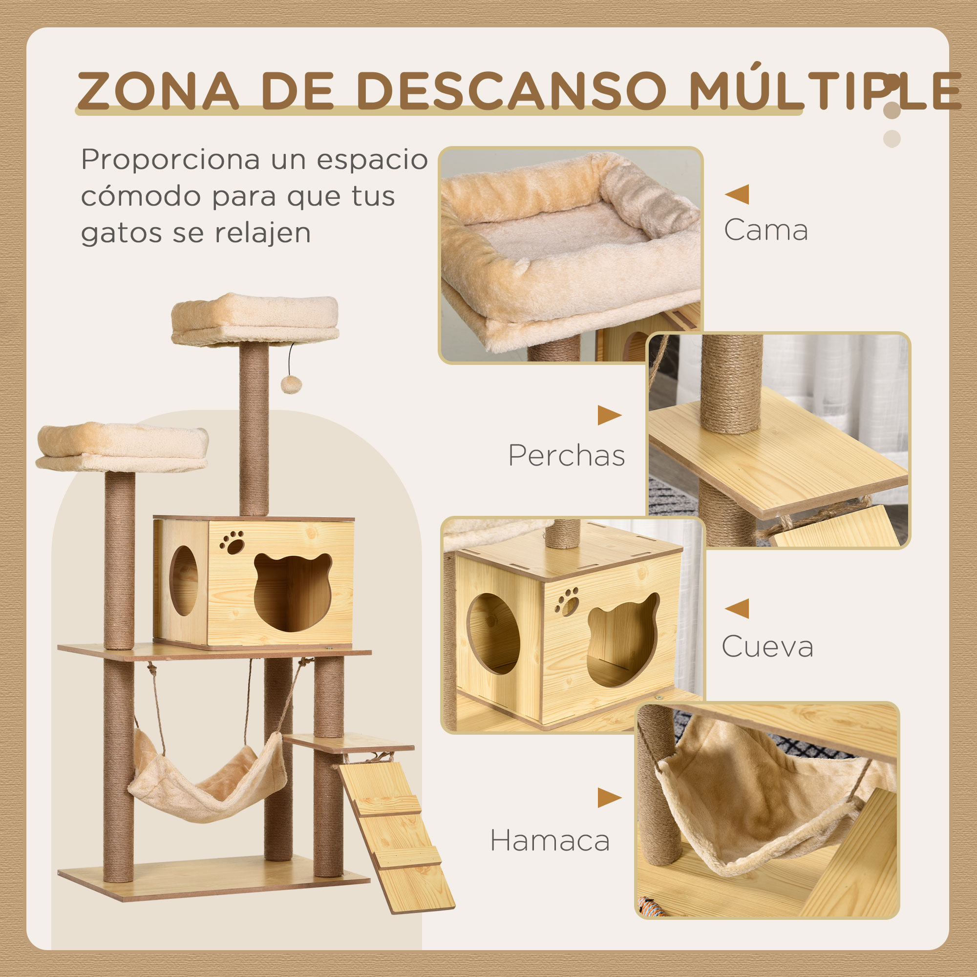 Árbol para gatos mostrando zonas de descanso: cama, perchas, cueva y hamaca, de madera clara.