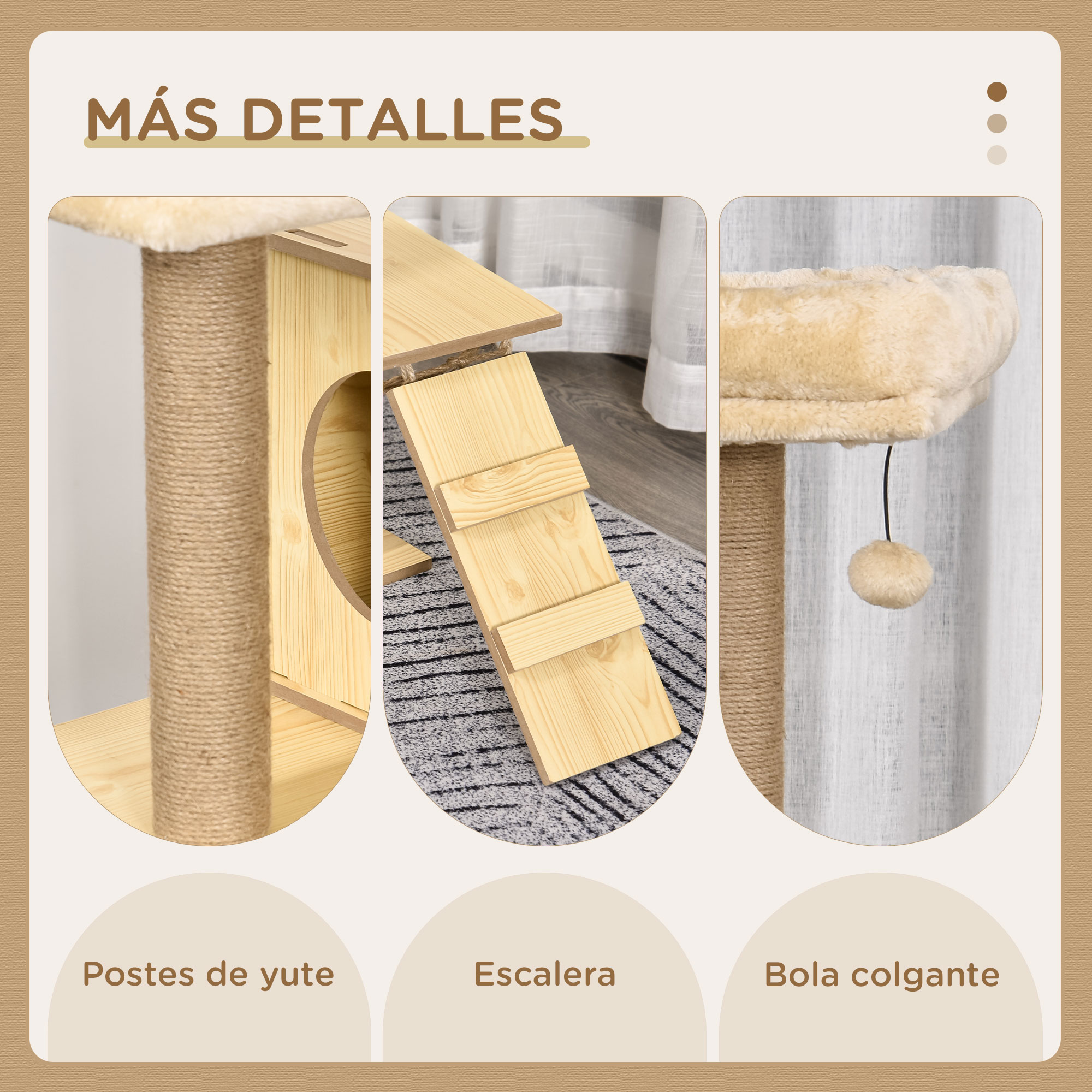 Primeros planos de detalles de un árbol para gatos: postes de yute, una escalera y una bola colgante.