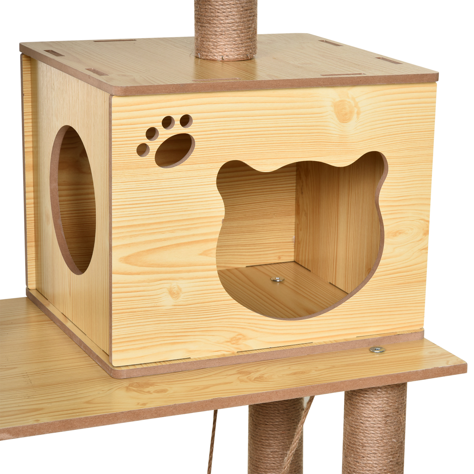 Árbol para gatos con una caja, plataformas y postes rascadores. La madera es marrón claro. Una huella de pata está en la caja.