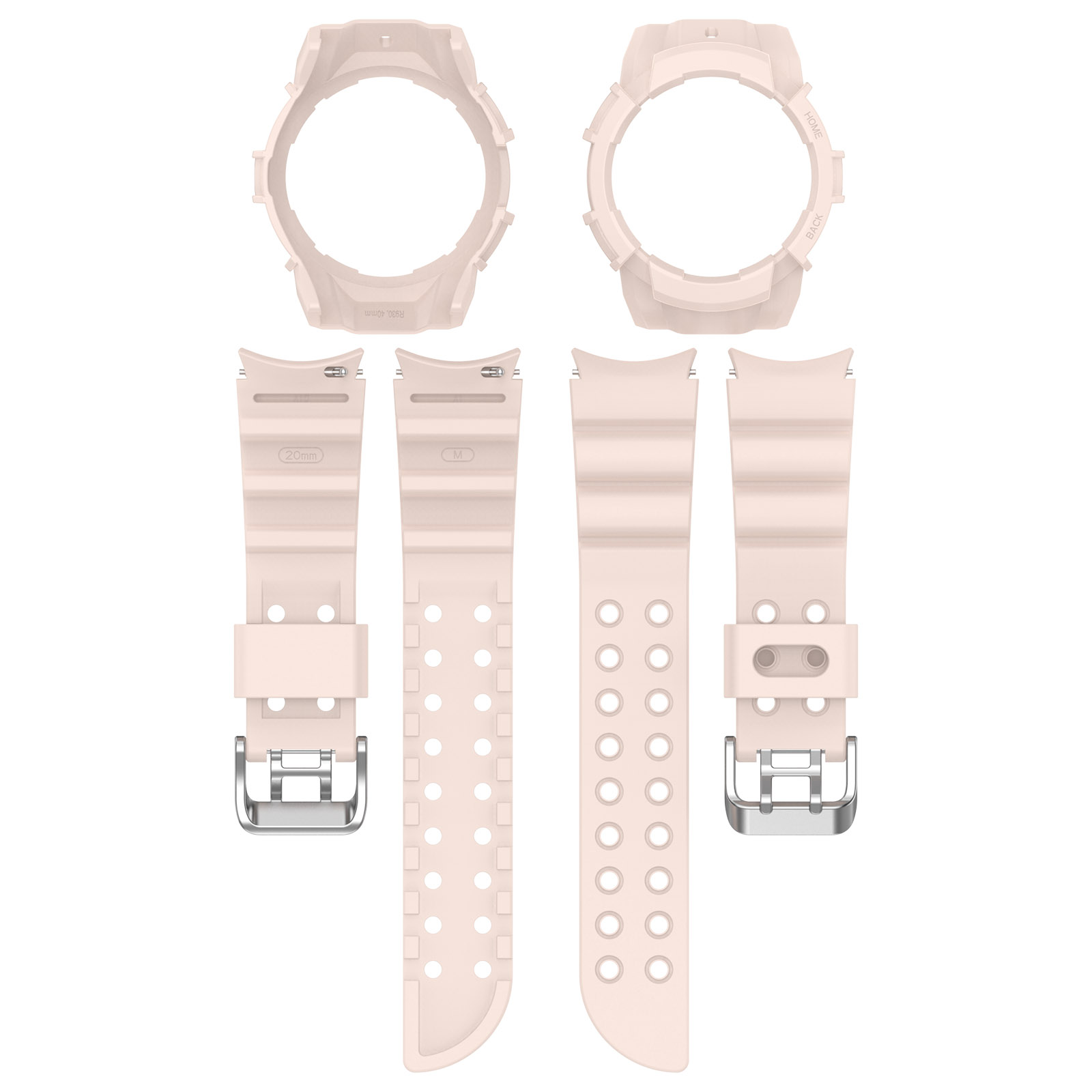 Componenti orologio rosa chiaro: due quadranti, due cinturini e due connettori. Sfondo bianco.