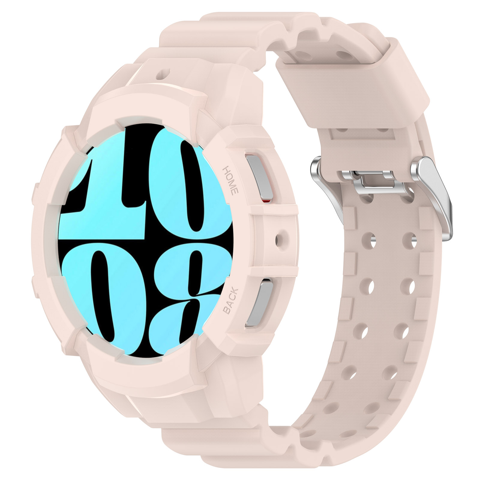 Uno smartwatch rosa con uno schermo azzurro che mostra l'ora. L'orologio ha un cinturino strutturato e una fibbia.