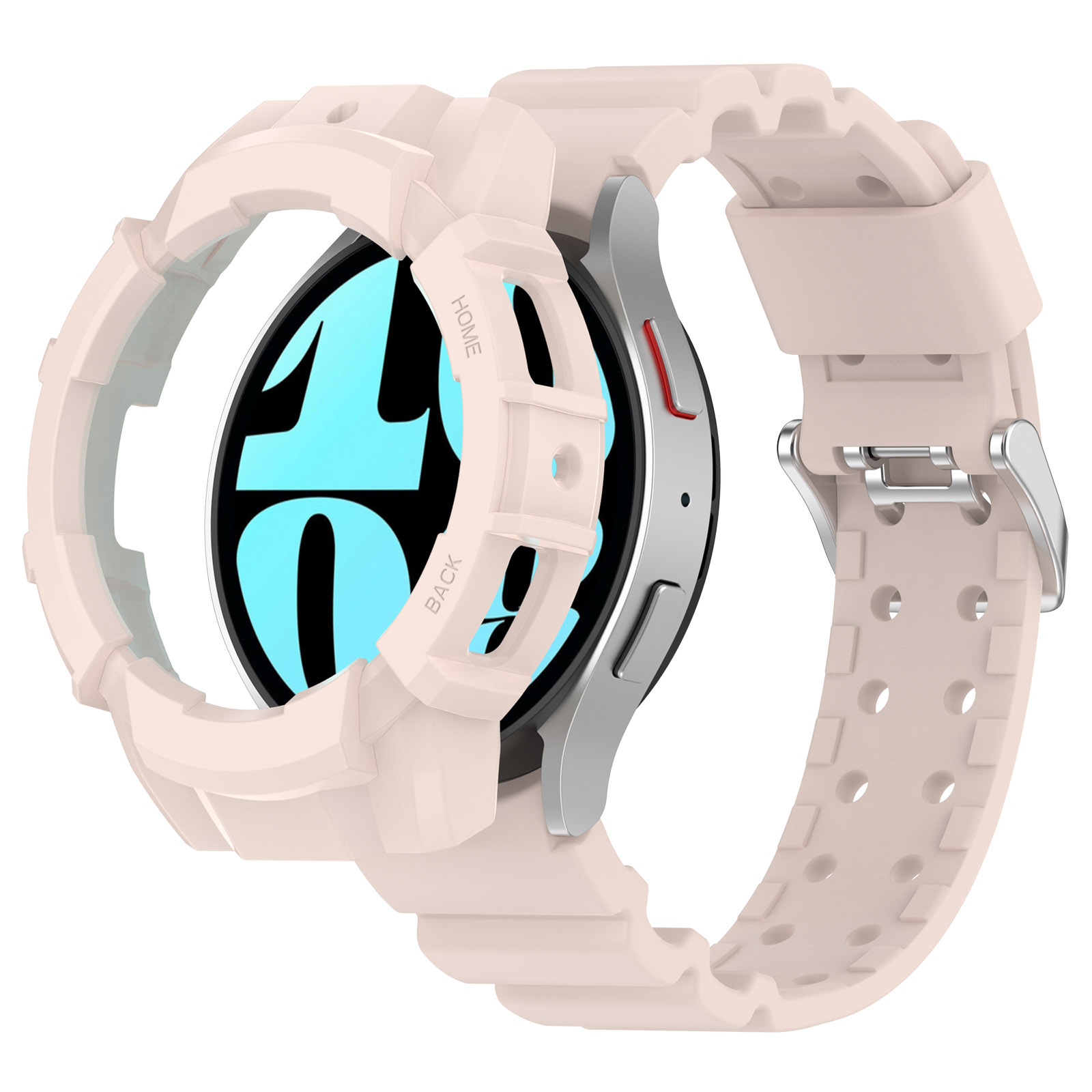 Uno smartwatch rosa con custodia protettiva e cinturino.
