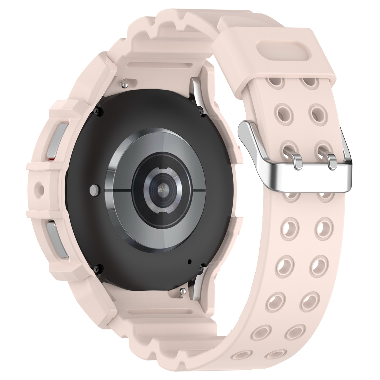 Cinturino con un orologio. L'orologio è nero e il cinturino è rosa.