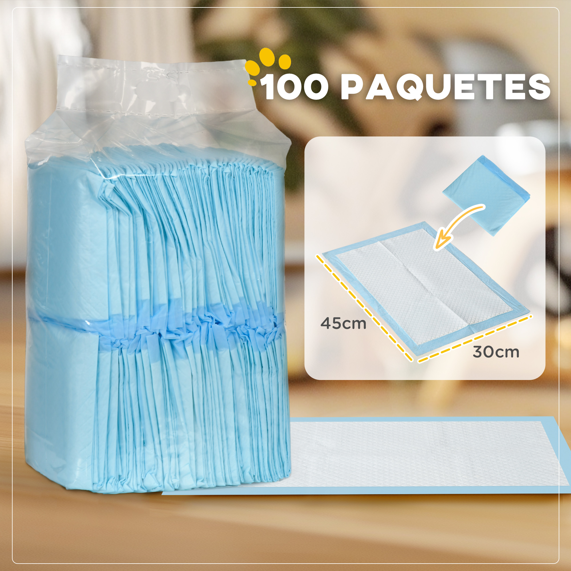 Un paquete de almohadillas azules de entrenamiento para mascotas con dimensiones y el texto '100 PAQUETES' arriba.