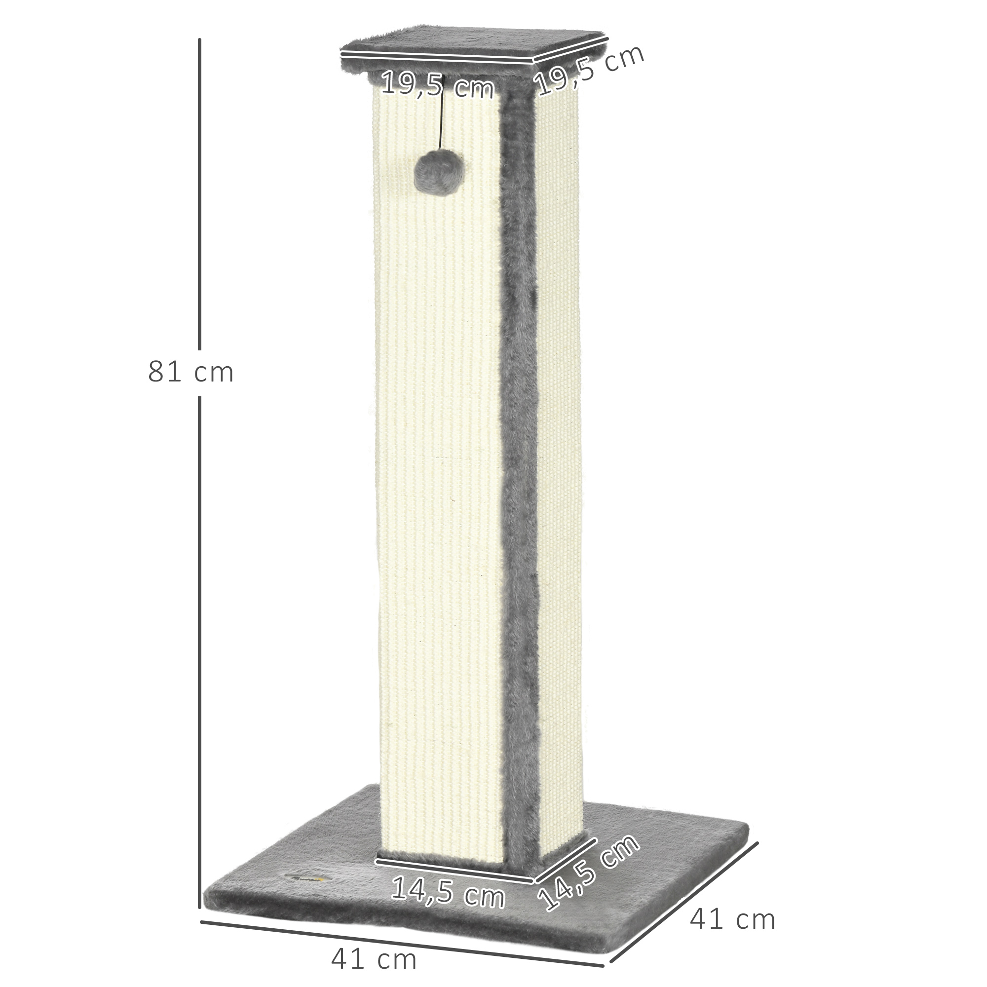 Poste rascador alto para gatos. Combinación de colores beige y gris. Dimensiones etiquetadas en cm.