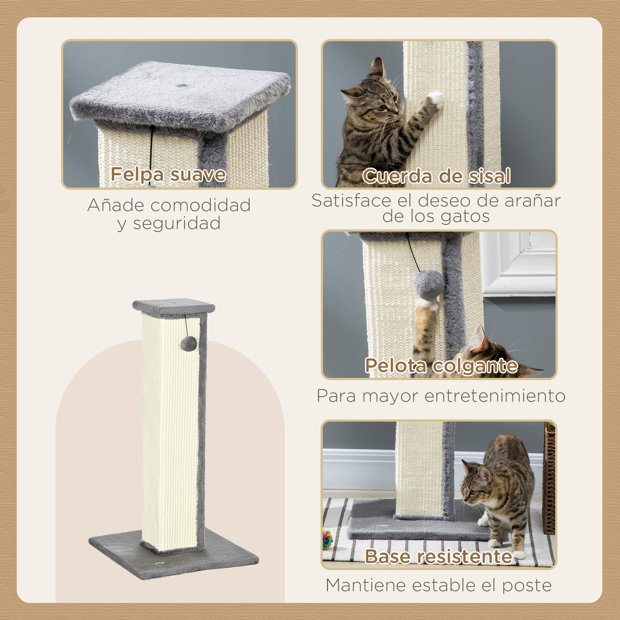 Rascador para gatos con parte superior suave, cuerda de sisal, bola colgante y base estable. Gatos presentes.