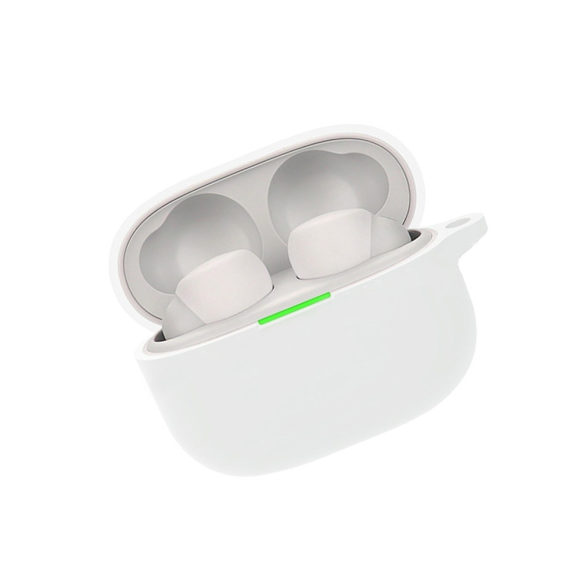 Auricolari wireless bianchi nella loro custodia di ricarica. La custodia è aperta, rivelando gli auricolari.