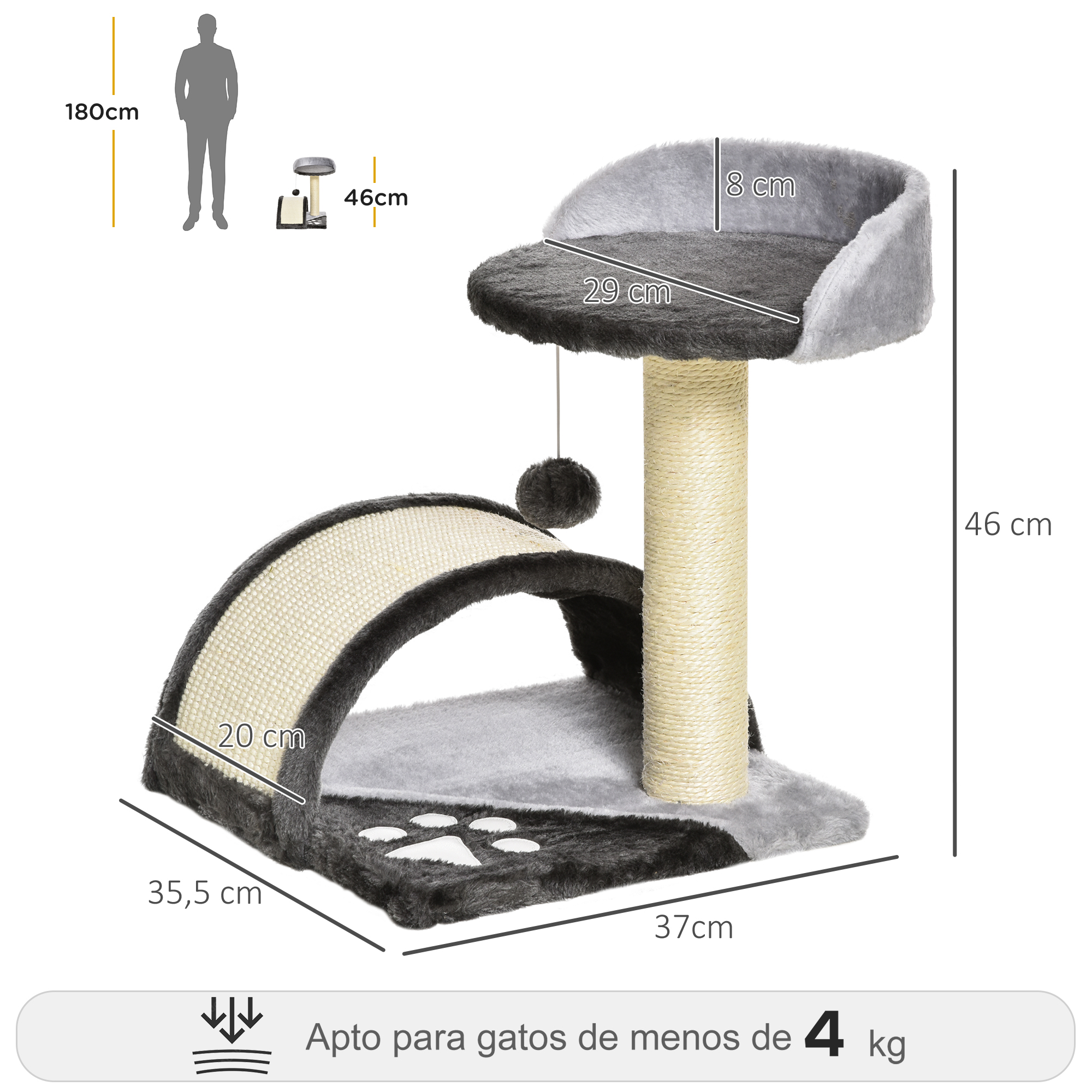 Árbol para gatos con dimensiones. Tiene un poste rascador, una bola colgante y una plataforma.