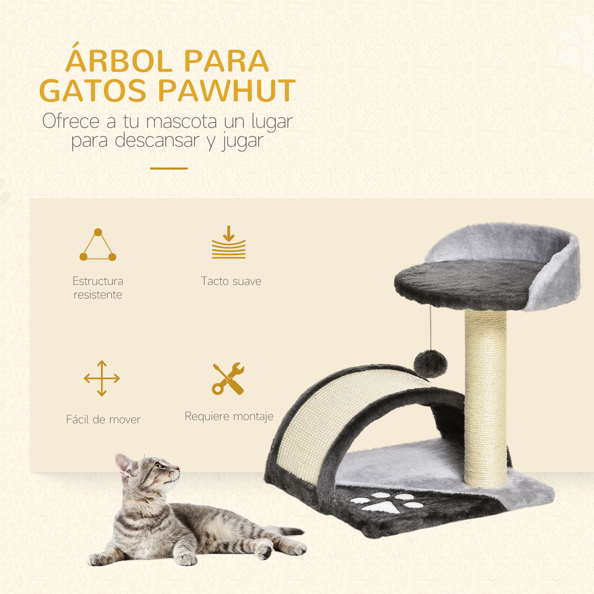 Árbol para gatos con un gato tumbado. Tiene postes rascadores, una cueva y una plataforma.