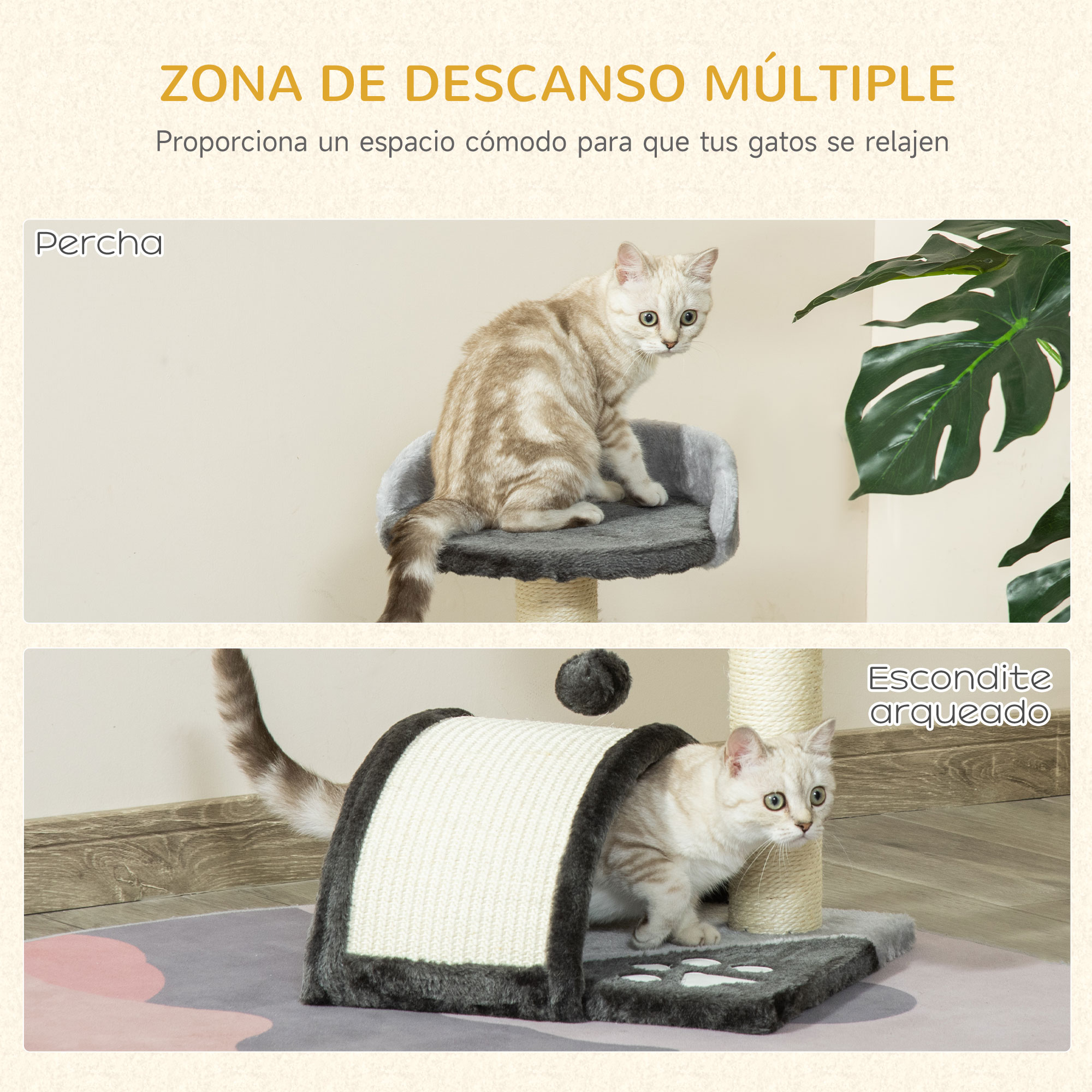Dos gatos en un árbol para gatos. Uno se sienta en una percha, el otro en un escondite arqueado. Colores beige y gris.